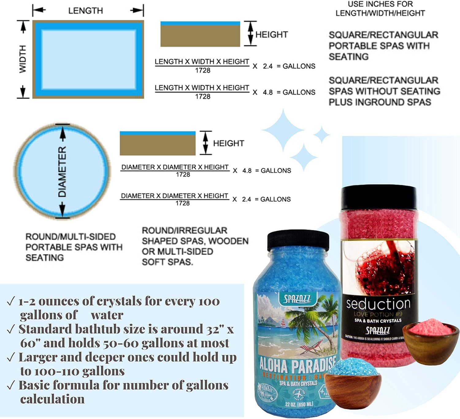 Spazazz Spa and Bath Crystals for Hot Tub and Bath Tubs — Set The Mood Love Potion #9 Seduction 17oz (482g) and Destinations Hawaii Aloha Paradise 22oz (650ml) — All Natural Aromatherapy Bundle