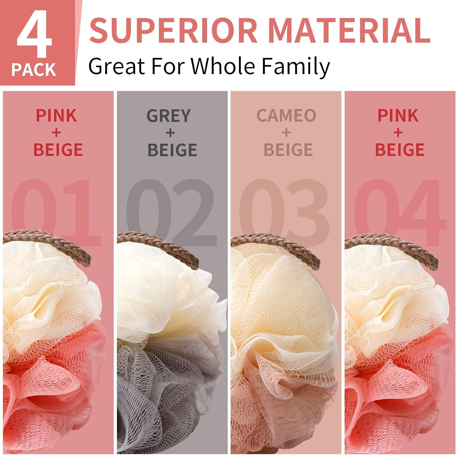 FARMOGA Bath Loofah Sponge Body Scrubber Shower Sponge Exfoliating Mesh Pouf Shower Ball Bath Sponges for Women and Men Bathing Accessories (4Pack 50G Dual Color)