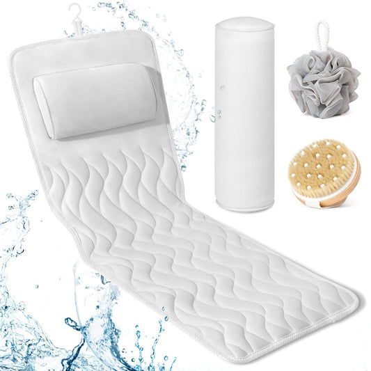 Full Body Bath Pillow, SPA Bathtub Pillow mat with Luxury Lumbar Pillow, Bathtub Pillow for Head Neck Shoulder and Back Support, Set with Shower Sponge, Cellulite Remover and Dry Skin, Gentle Massage