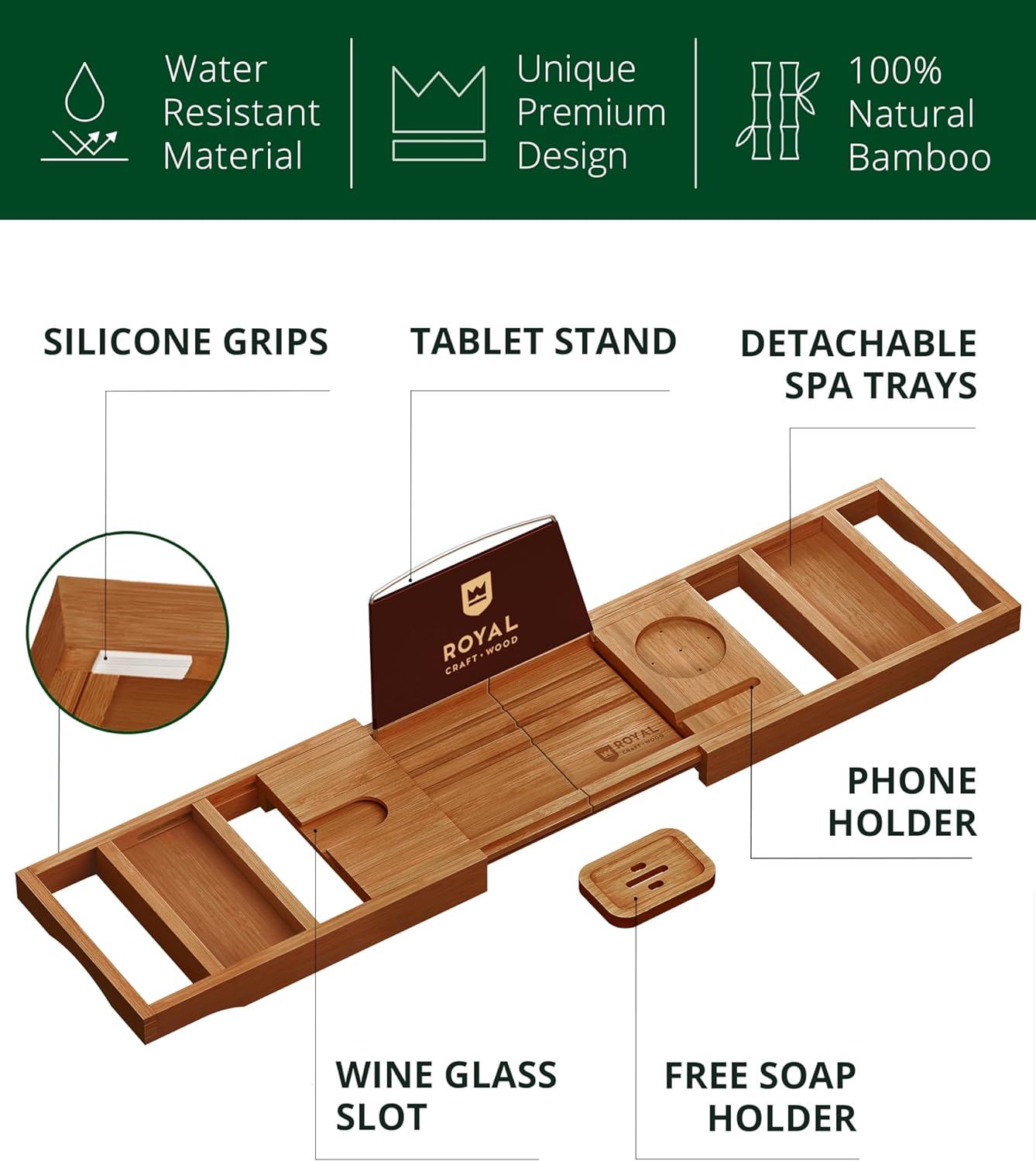 ROYAL CRAFT WOOD Foldable Bathtub Tray Caddy Bamboo Bathtub Tray Expandable, Bath Tub Table Caddy with Extending Sides - Free Soap Dish