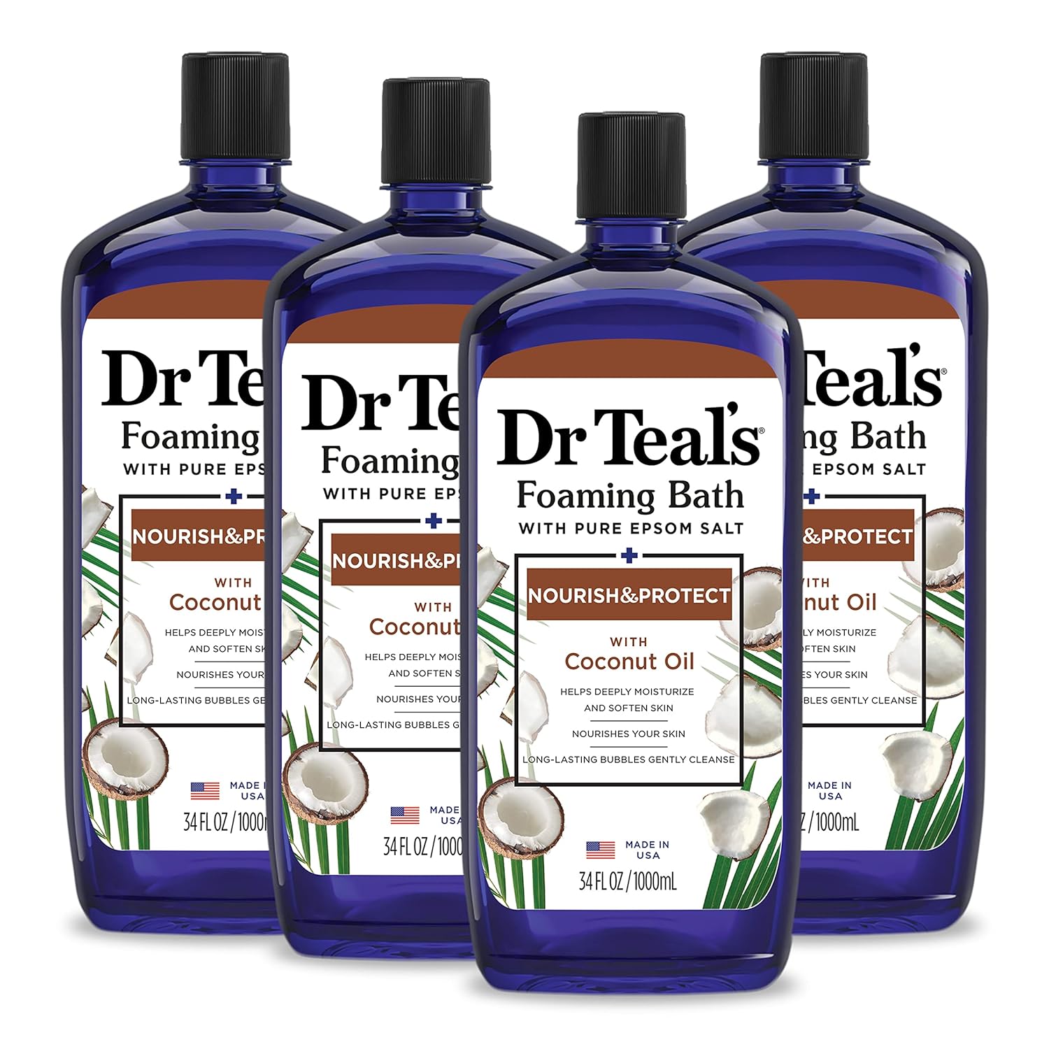 Dr Teal's Foaming Bath with Pure Epsom Salt, Sleep Blend with Melatonin, Lavender & Chamomile Essential Oils, 34 fl oz (Pack of 4) (Packaging May Vary)
