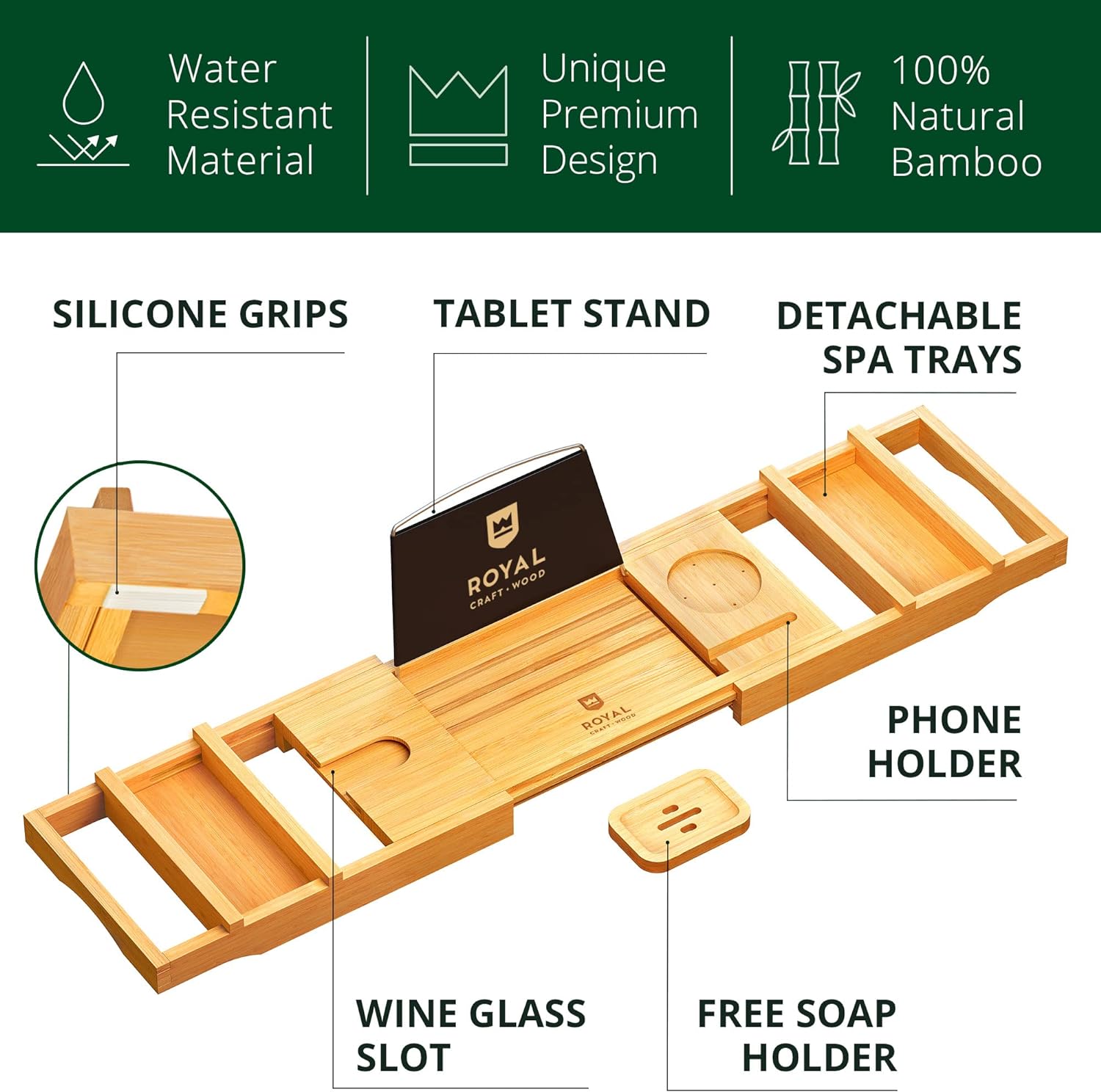 ROYAL CRAFT WOOD Foldable Bathtub Tray Caddy Bamboo Bathtub Tray Expandable, Bath Tub Table Caddy with Extending Sides - Free Soap Dish