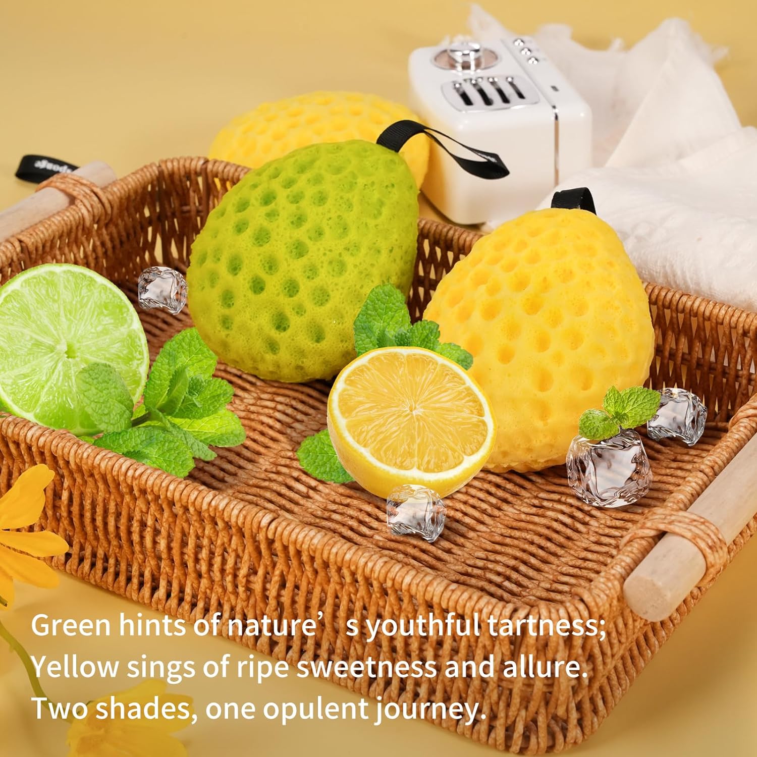 Bath Sponge Set by YABAHU: Luxurious Dual-Tone - Revitalizing Lemon Yellow & Fresh Morning Dew Lime Green, Ultra-Soft Eco-Friendly Material, Expandable Artistry