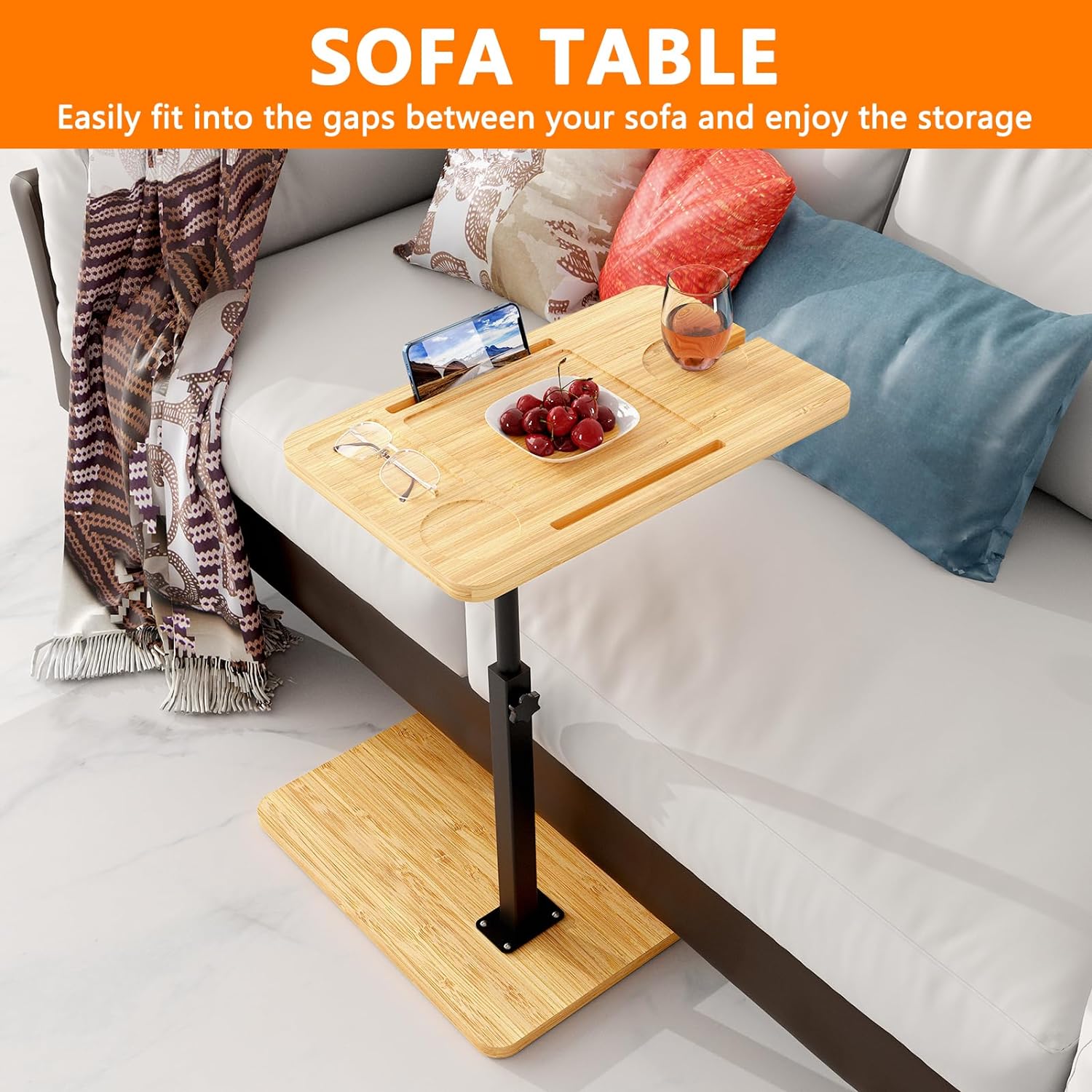 Bathtub Caddy Tray Table with Adjustable Height, Freestanding Bath Caddy Tray with Reading Rack, Tablet Holder, Cellphone Tray and Wine Glass Holder, Organizer Tray-A