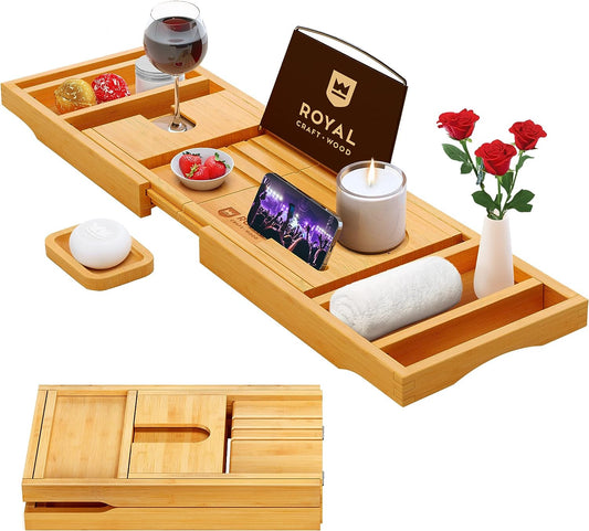 ROYAL CRAFT WOOD Foldable Bathtub Tray Caddy Bamboo Bathtub Tray Expandable, Bath Tub Table Caddy with Extending Sides - Free Soap Dish