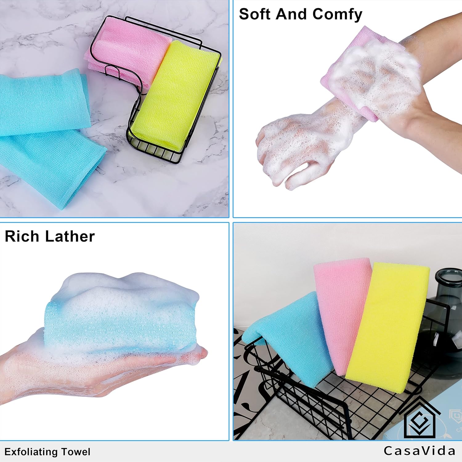 CasaVida Exfoliating Washcloth Back Scrubber for Shower Exfoliating Body Scrubber Japanese Beauty Washcloth African Net Sponge Bath Korean Loofah Towel Wash Cloth Body Shower Scrub Towel 3 Pack