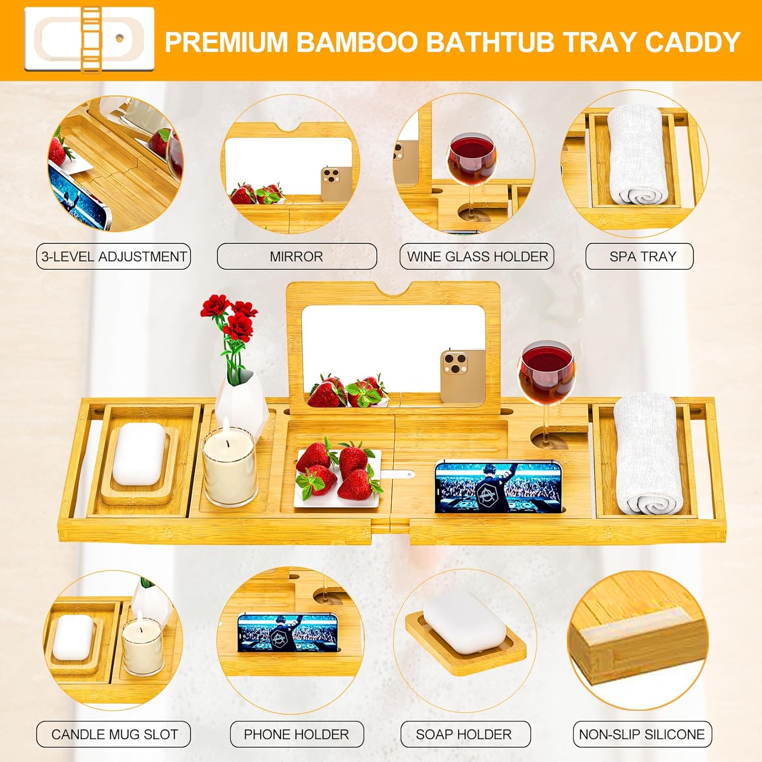 Premium Bathtub Tray Caddy - Bath Tray Bamboo Expandable - Bath Tub Tray Table for Bathtub - Expandable Size, Fits Most Bath Tubs