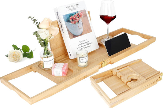 HMGDFUE Bamboo Bathtub Tray for Luxury Bath,Foldable Expandable Bath Tray for Bathtub Bath Tub Tray Table with Wine Glass Holder and Phone Book Holder for Couples Wedding Gifts for Mom Women