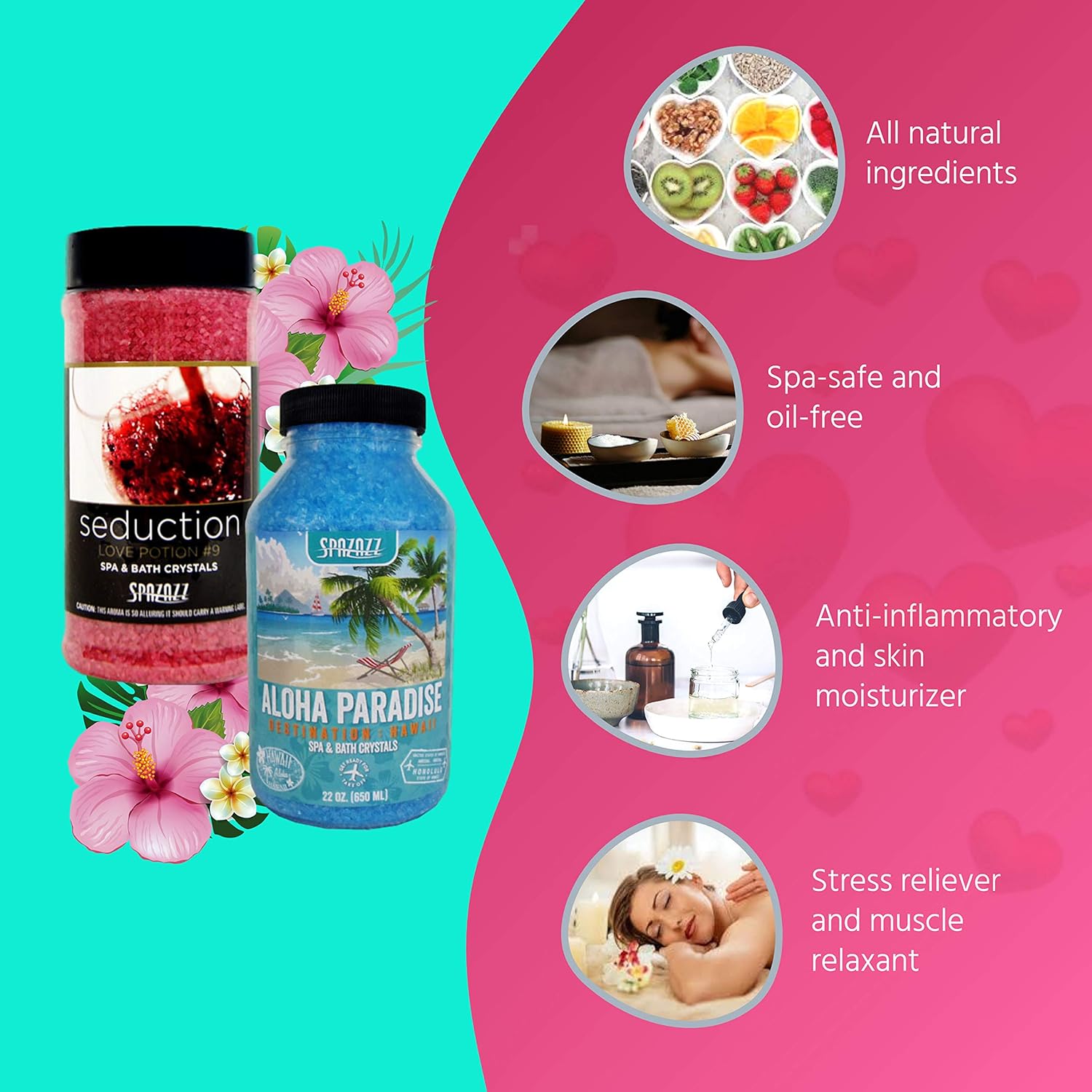 Spazazz Spa and Bath Crystals for Hot Tub and Bath Tubs — Set The Mood Love Potion #9 Seduction 17oz (482g) and Destinations Hawaii Aloha Paradise 22oz (650ml) — All Natural Aromatherapy Bundle