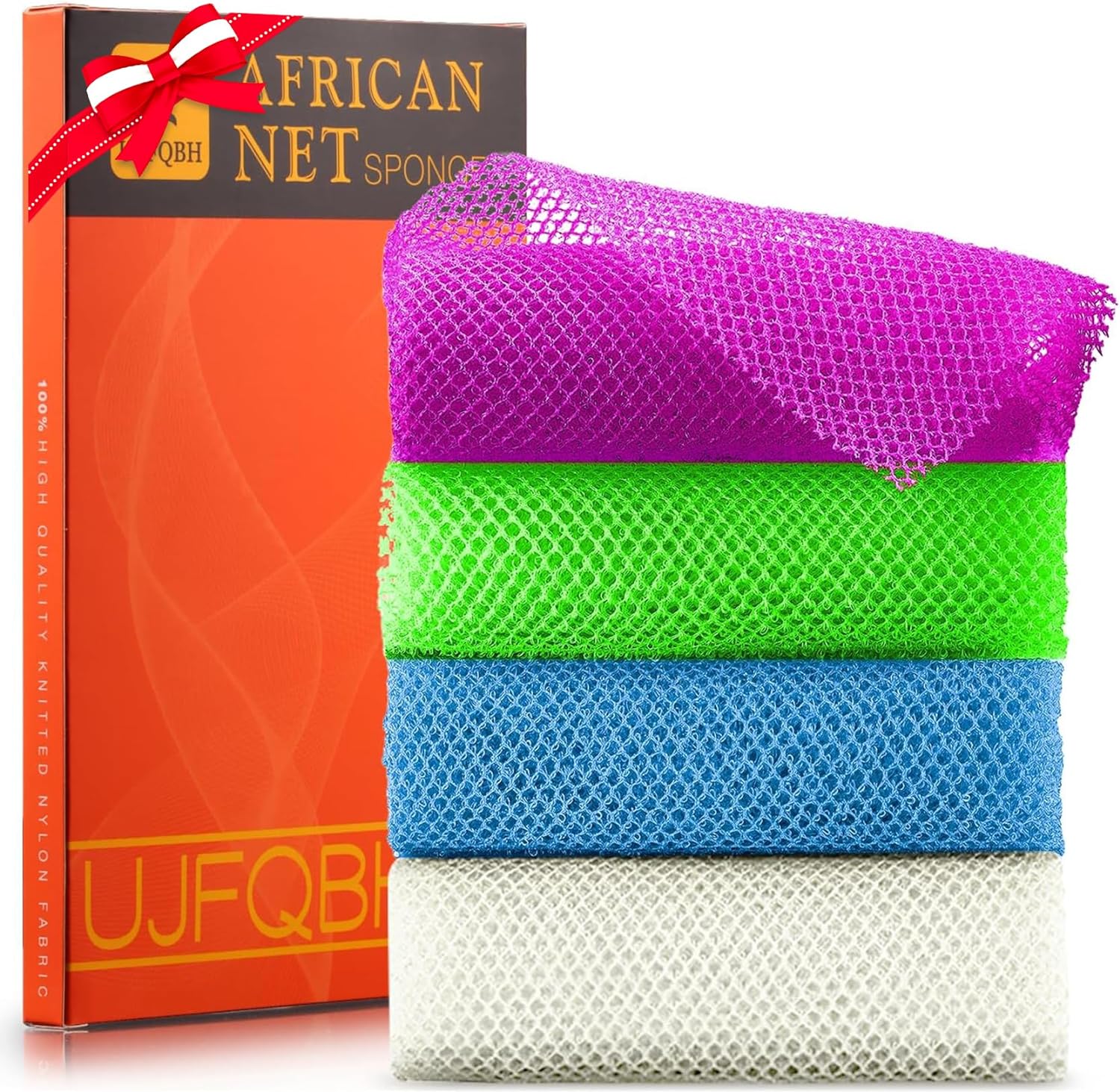 UJFQBH 3 Pieces African Bath Sponge African Net Long Net Bath Sponge Exfoliating Shower Body Scrubber Back Scrubber Skin Smoother,Great for Daily Use (Pink,Yellow,Purple)