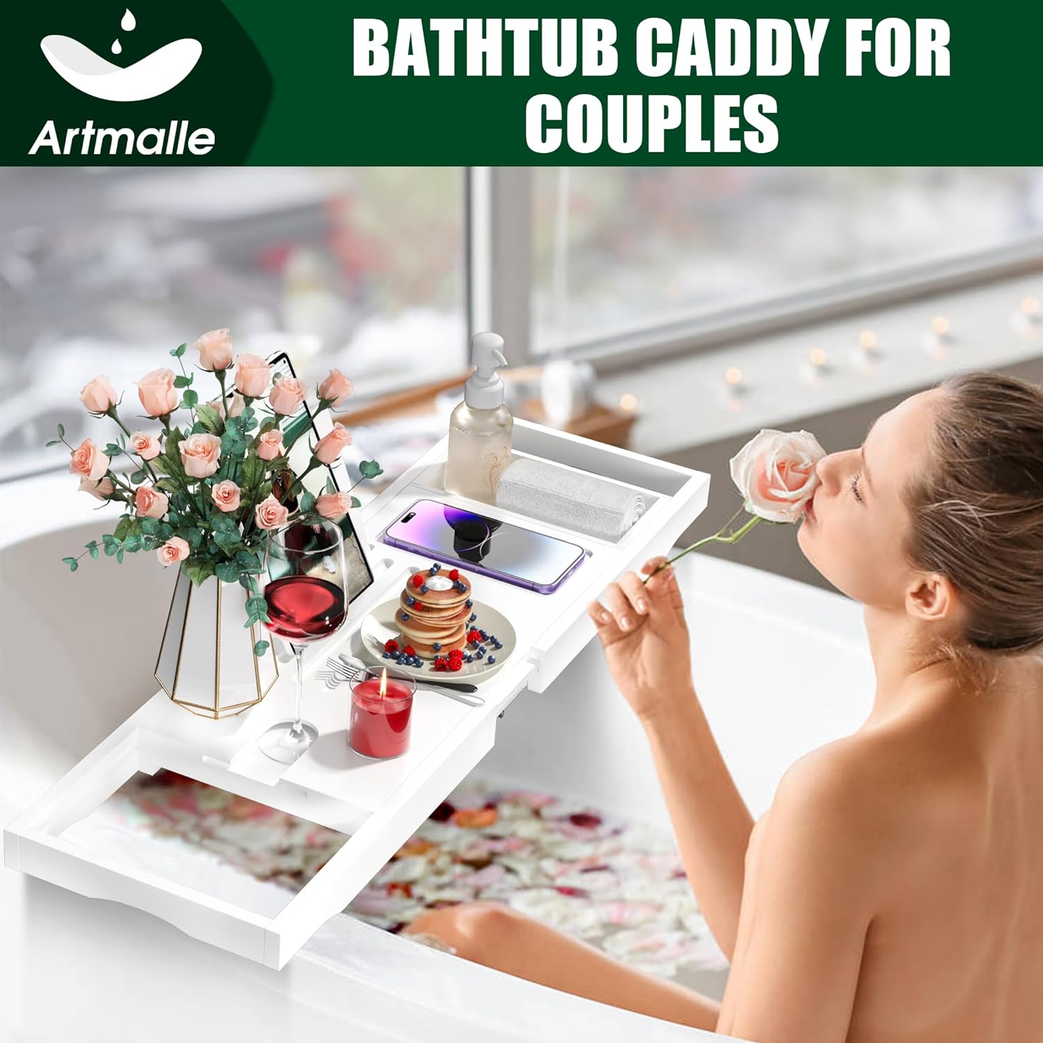 Artmalle Bathtub Caddy Tray for Tub,Foldable Bamboo Bath Table Tray with Book and Wine Glass Holder, Expandable Bathroom Accessories with Free Soap Dish Suitable for Luxury Spa or Reading