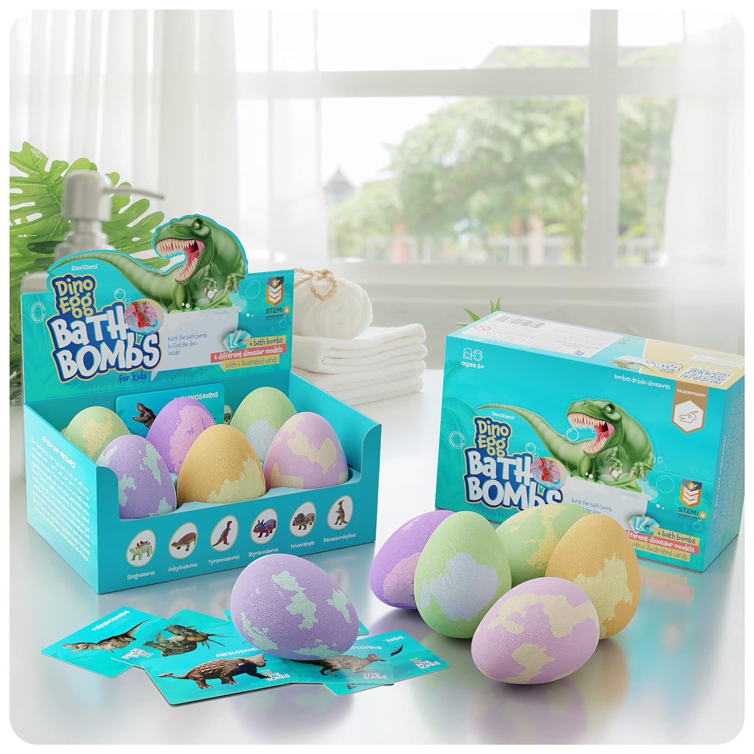 Dino Egg Bath Bombs with Surprise Inside for Kids - Dinosaur in Each Fizzy - 6 Pack - Includes Learning Cards - Kids Bath Bombs with Toys Inside - Kid Fizzies - Great Science Gifts for Girls & Boys