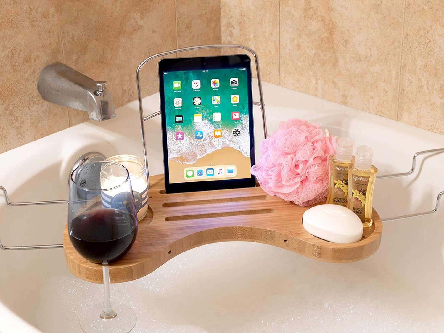 Olivia & Aiden Luxury Bathtub Caddy Tray (Bamboo) Expandable Tub Organizer w/Detachable Tablet Backrest, Wine Glass Holder, Smartphone Holder | Portable Spa Comfort