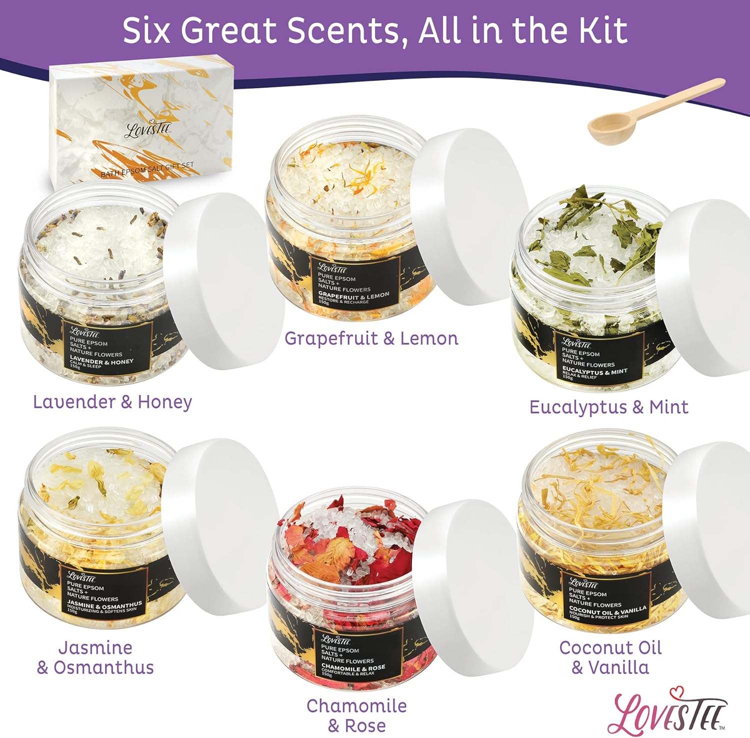 Lovestee Epsom Salt Spa Gift Set of 6 Bath Salts - Coconut Vanilla, Jasmine Osmanthus, Eucalyptus Mint, Lavender Honey, Chamomile Rose, Grapefruit Lemon for Soaking Bath Gift Set for Women