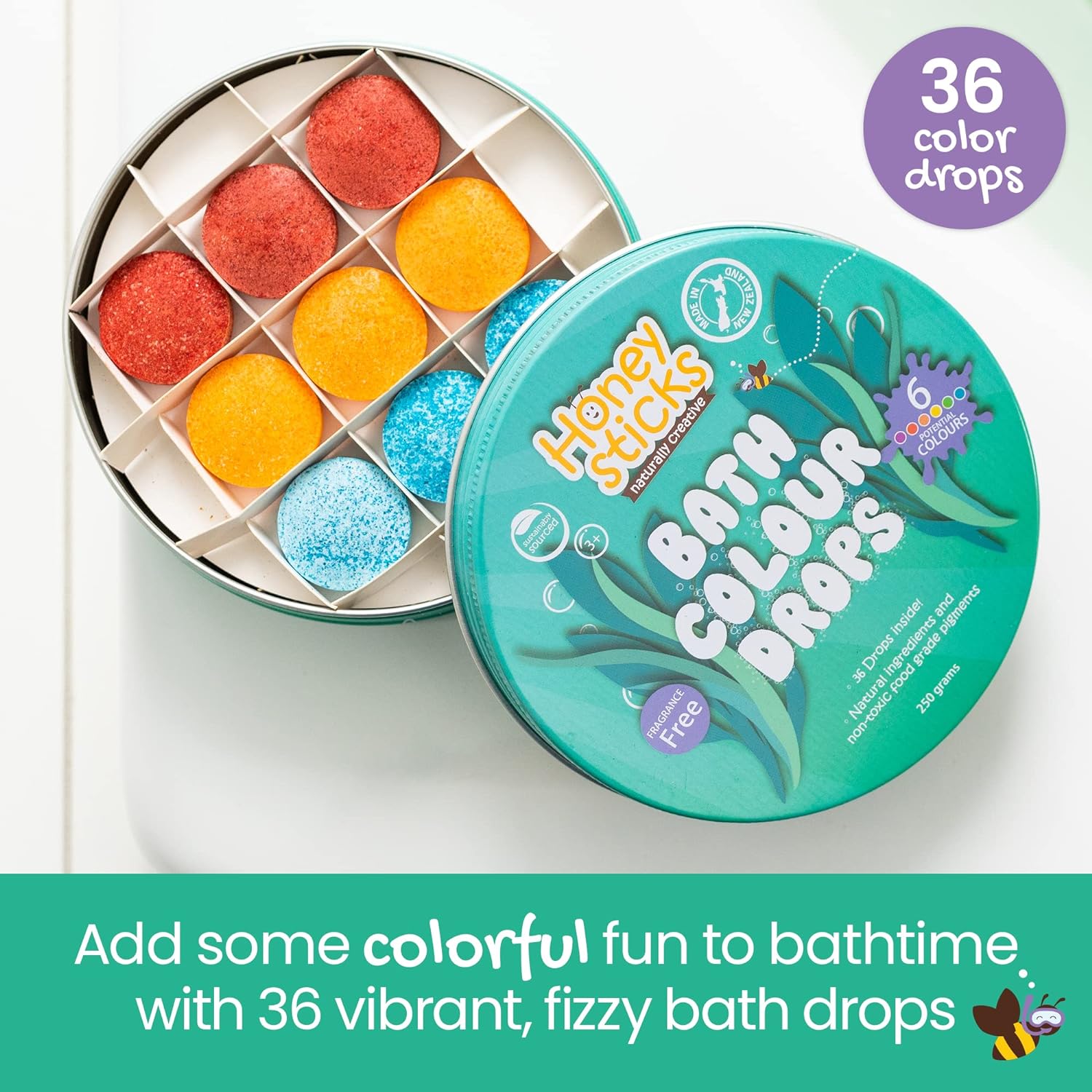 Honeysticks Bath Color Tablets for Kids - Non Toxic Bathtub Drops Made with Natural Ingredients and Food Grade Color - Fragrance Free - Fizzy, Brightly Colored Bathtime Fun, Great Gift - 36 Drops