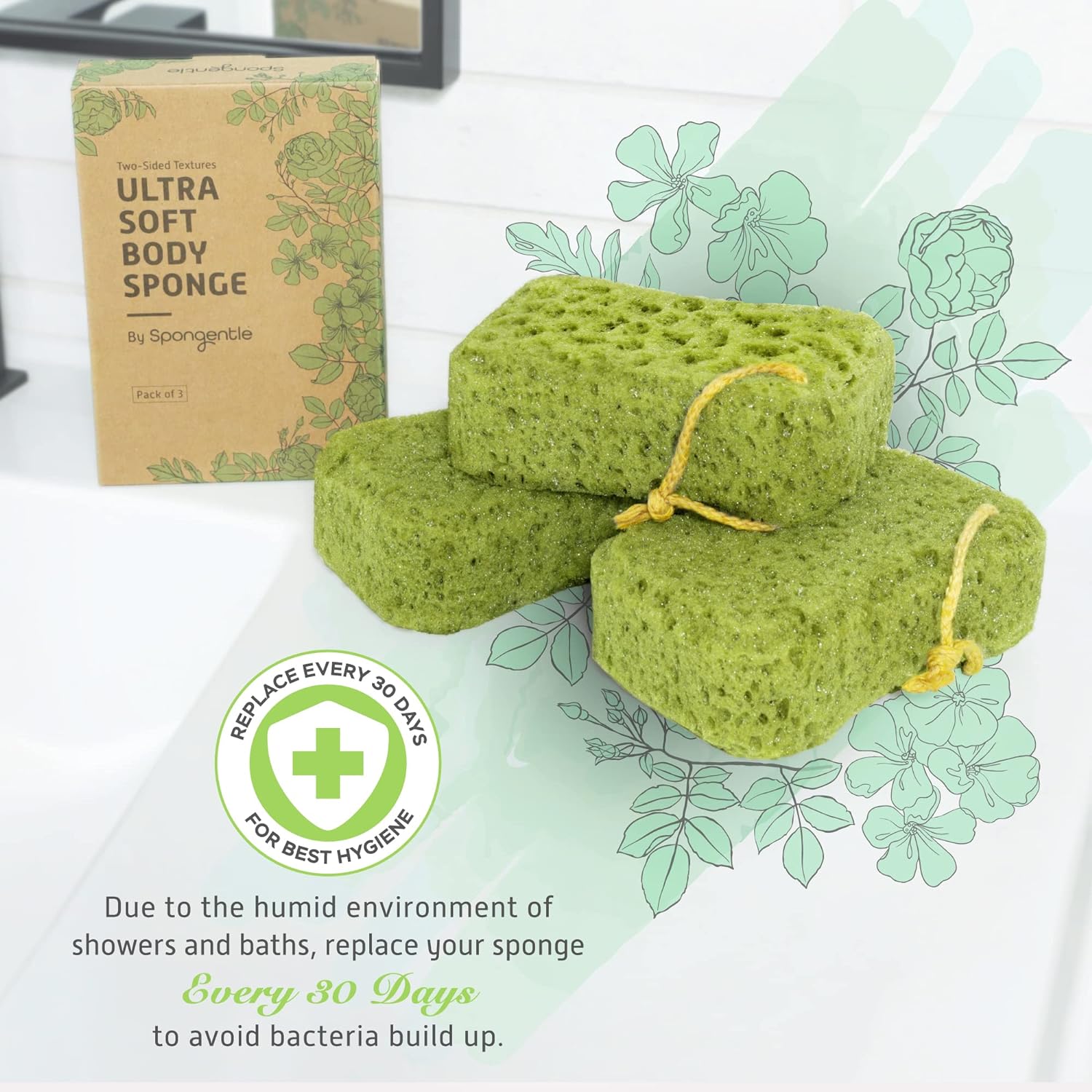 Spongentle Deep Cleansing Body Loofah Sponge, Natural Colors, for Bath and Shower, Multiple Textures for Gentle and Deep Exfoliation, Generous and Rich Lather, (Pack of 3)