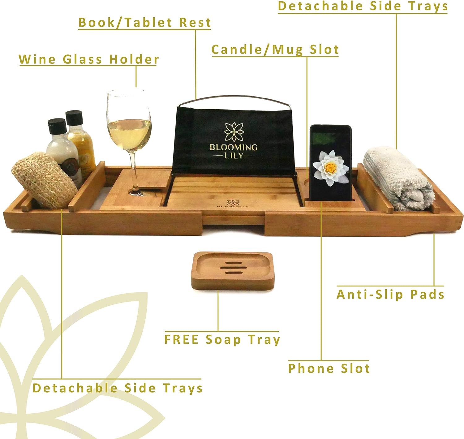 Blooming Lily Sturdily Designed Bath Tray with Wine Glass Holder, Ipad Stand and More Suitable for Most Baths (Natural)