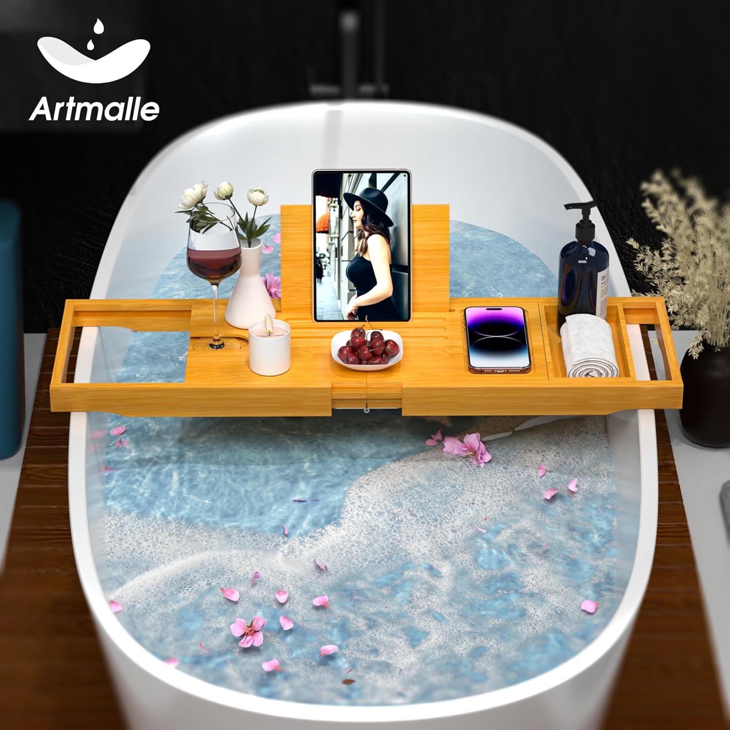 Artmalle Bathtub Caddy Tray for Tub,Foldable Bamboo Bath Table Tray with Book and Wine Glass Holder, Expandable Bathroom Accessories with Free Soap Dish Suitable for Luxury Spa or Reading