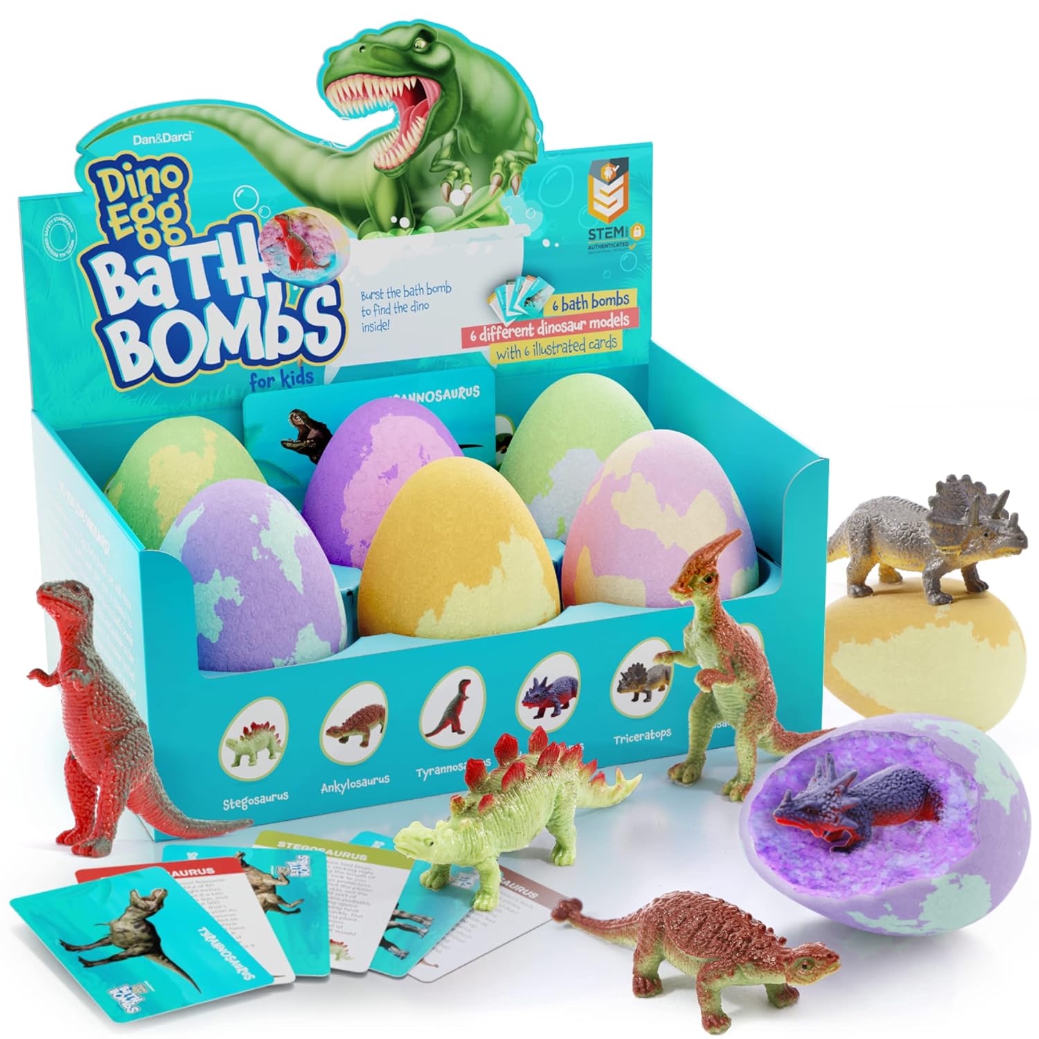 Dino Egg Bath Bombs with Surprise Inside for Kids - Dinosaur in Each Fizzy - 6 Pack - Includes Learning Cards - Kids Bath Bombs with Toys Inside - Kid Fizzies - Great Science Gifts for Girls & Boys