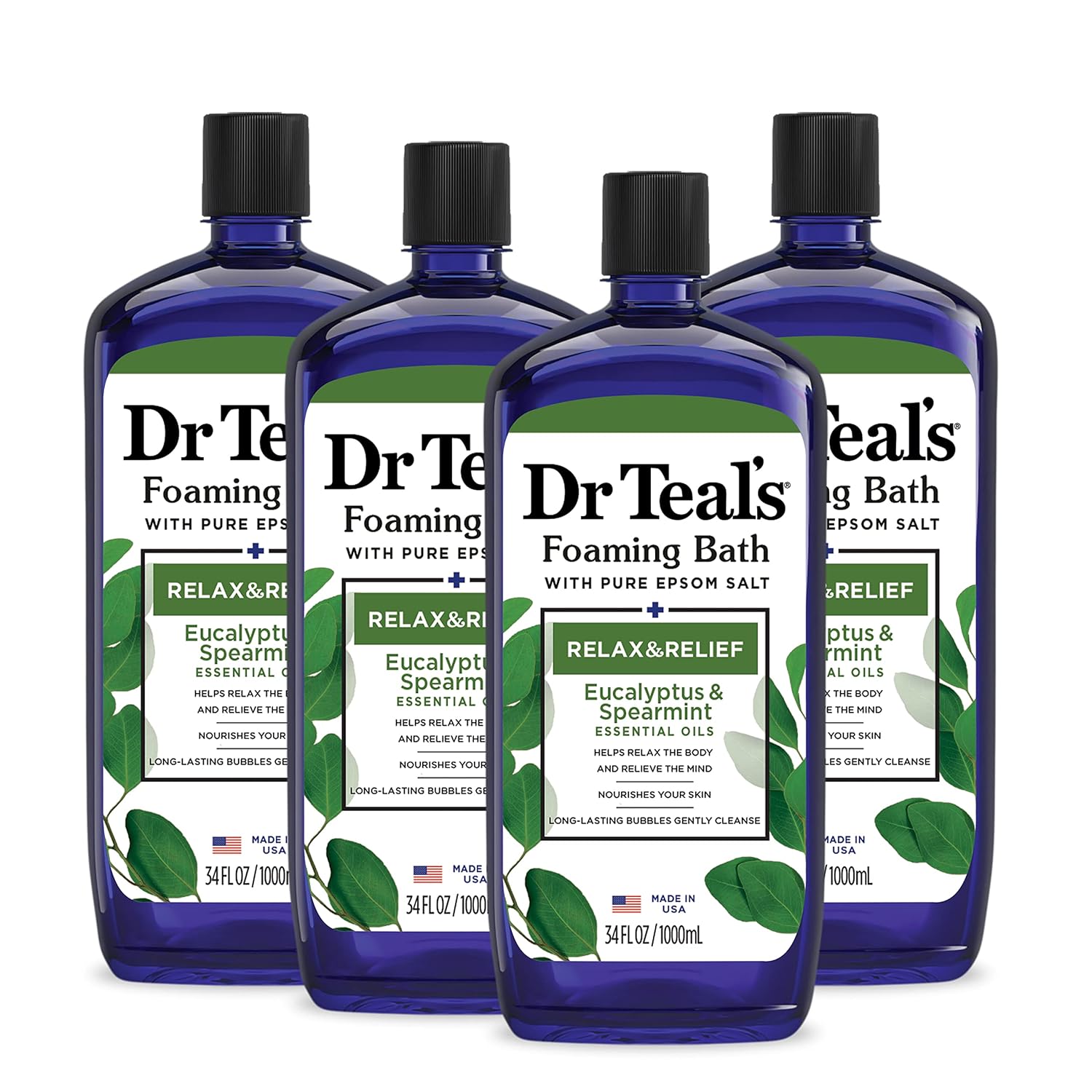 Dr Teal's Foaming Bath with Pure Epsom Salt, Sleep Blend with Melatonin, Lavender & Chamomile Essential Oils, 34 fl oz (Pack of 4) (Packaging May Vary)