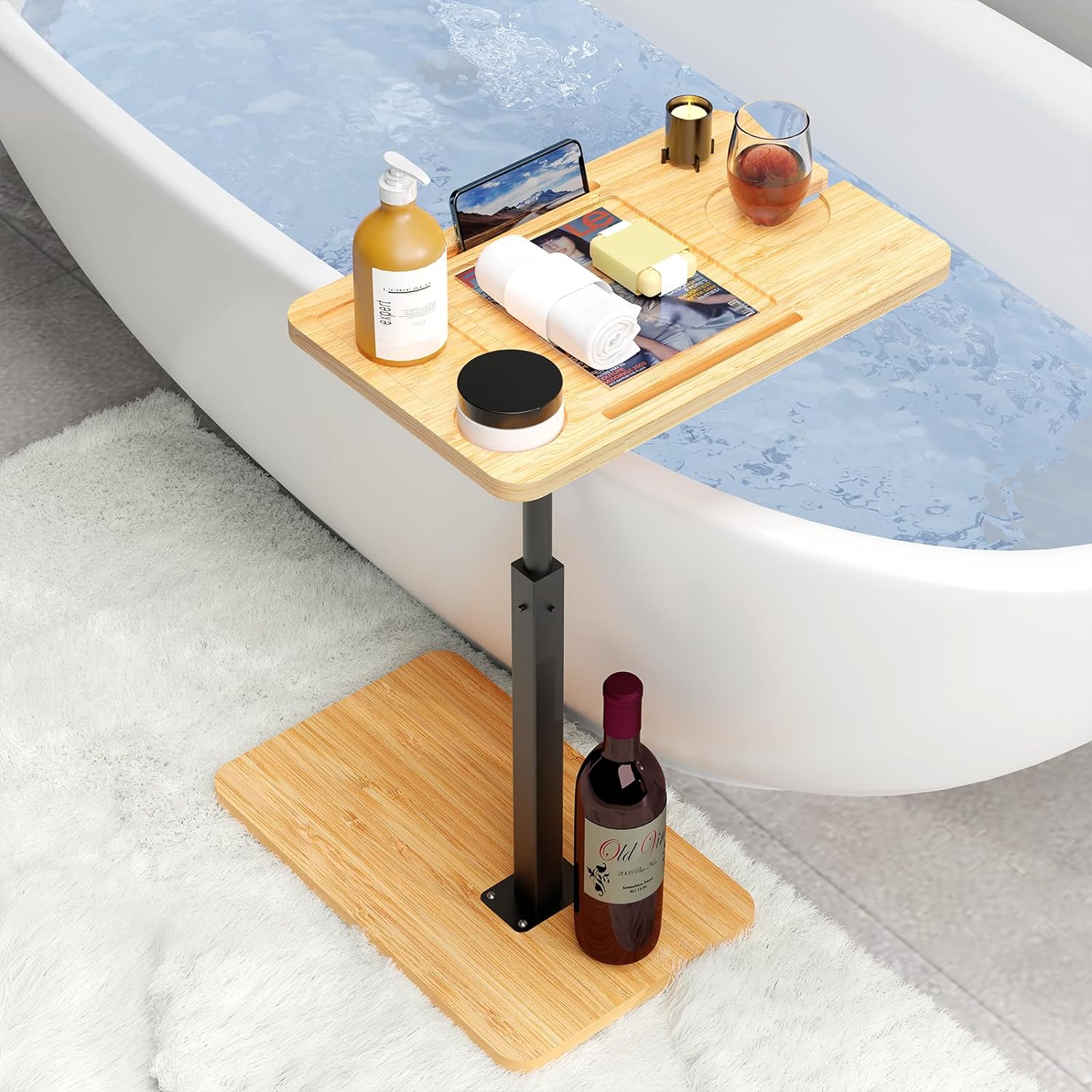 Bathtub Caddy Tray Table with Adjustable Height, Freestanding Bath Caddy Tray with Reading Rack, Tablet Holder, Cellphone Tray and Wine Glass Holder, Organizer Tray-A