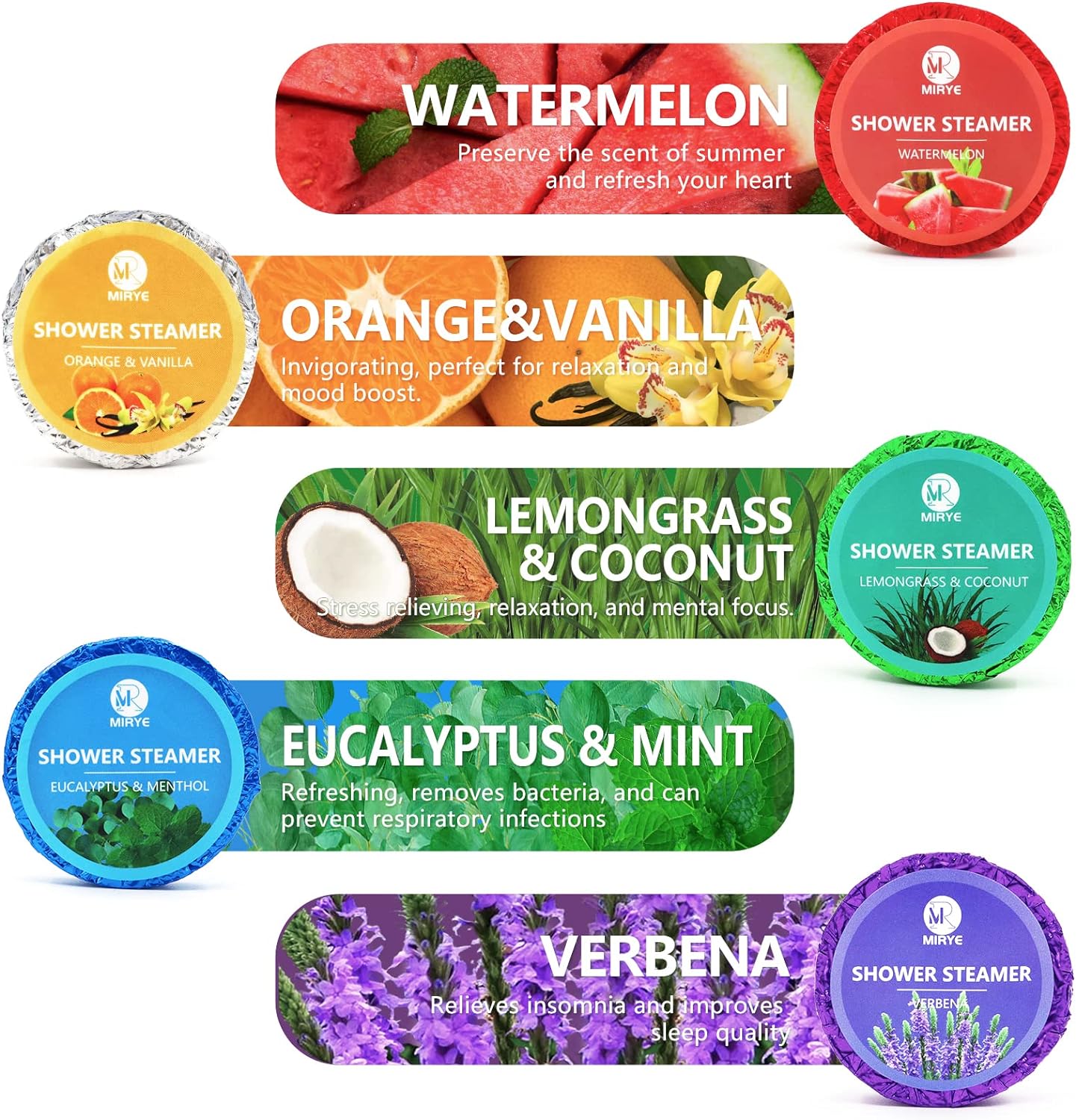 MR MIRYE Shower Steamers Aromatherapy, 20-Pack Shower Bombs Organic with Verbena, Orange&Vanilla, Watermelon, Lemongrass&Coconut, Eucalyptus&Mint Essential Oil, Birthday Mothers Day Gifts for Her