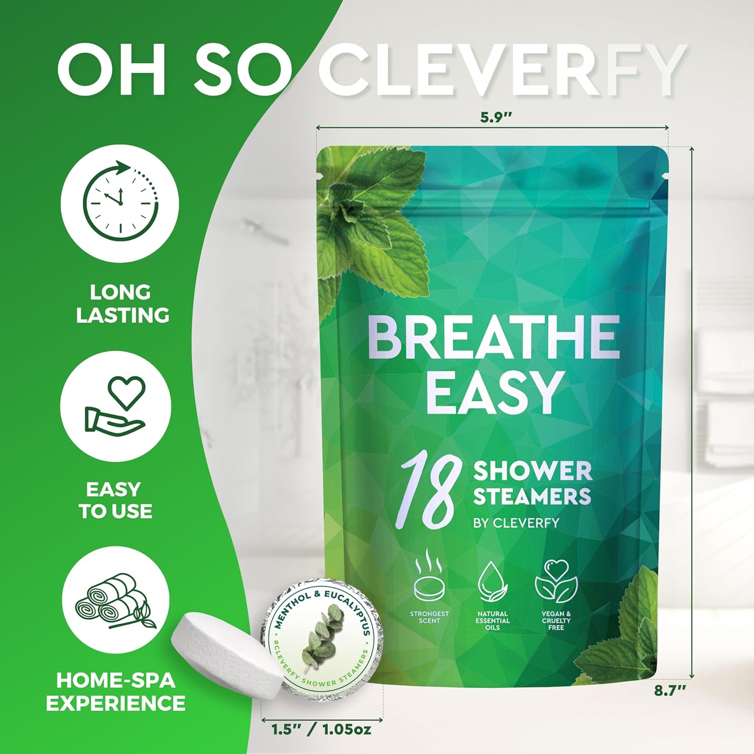 Cleverfy Shower Steamers Aromatherapy - 18 Pack of Menthol & Eucalyptus Shower Bombs with Essential Oils for Relaxation and Nasal Congestion. Christmas Gifts and Stocking Stuffers for Women and Men.