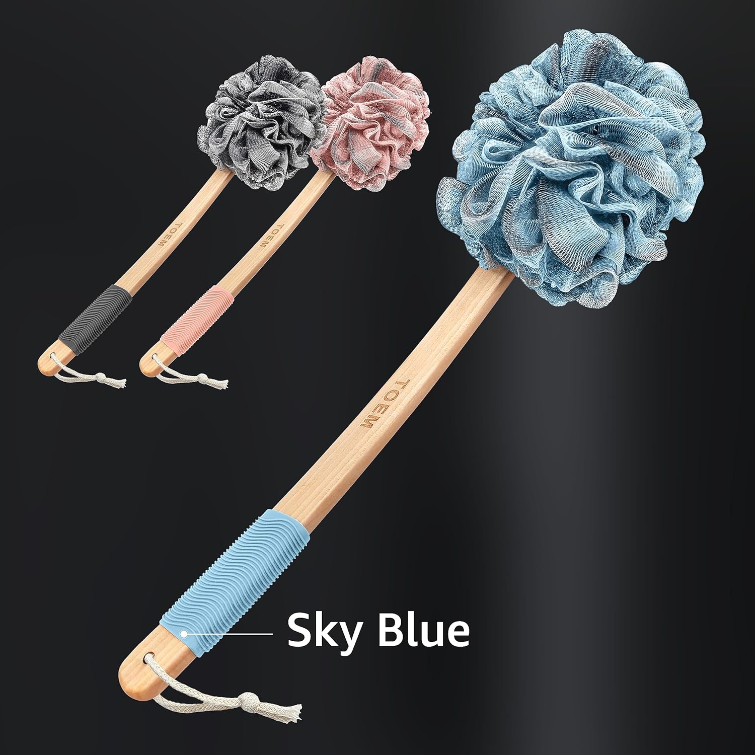 Toem Loofah Back Scrubber for Shower | Bamboo Charcoal Fiber Infused | Loufas for Men & Women | Includes 1 Long Handled Shower Sponge, 1 Bath & Shower Luffa Pouf & 1 Hook to Hang Stuff (Slate Grey)