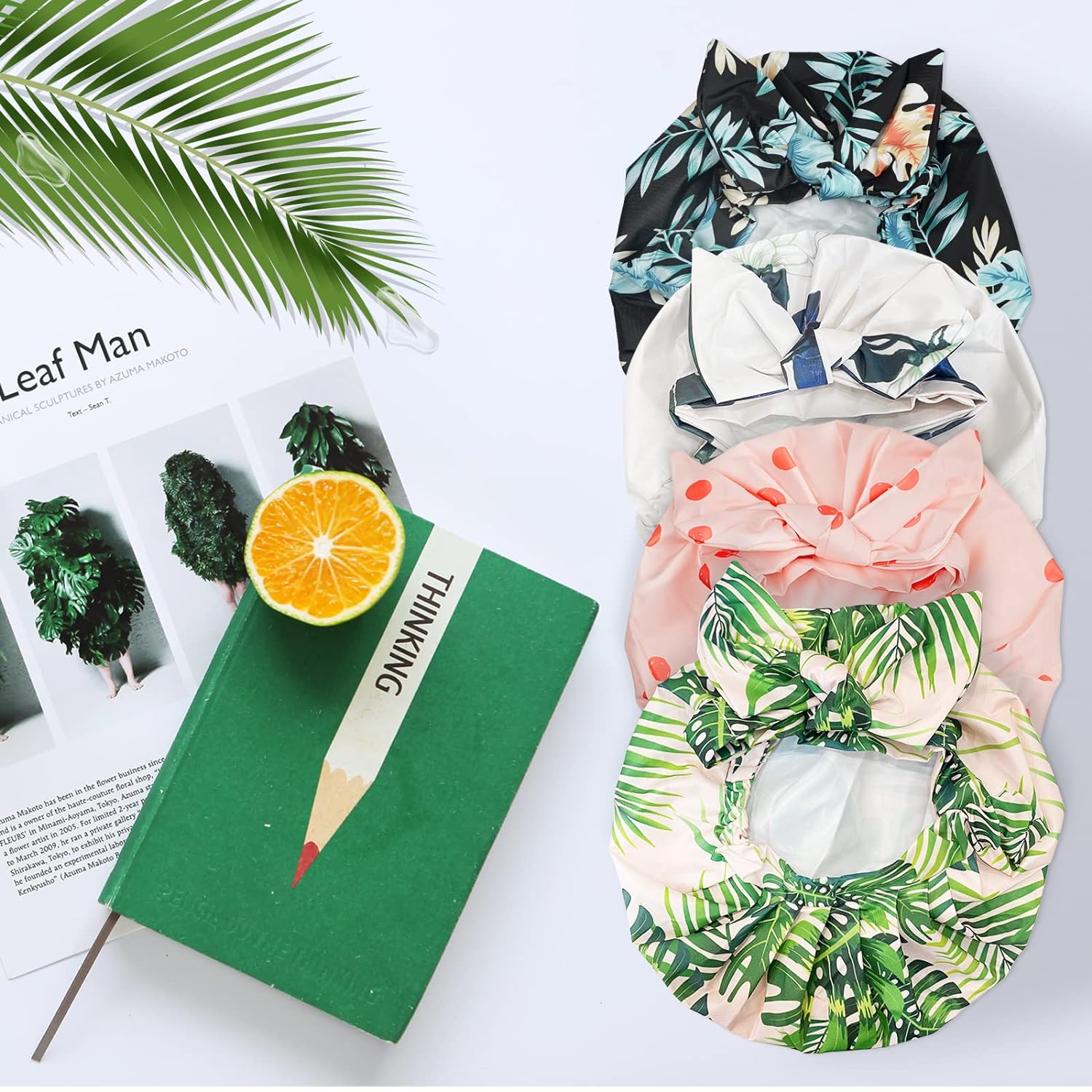 YAJCAJO Shower Cap, Cotton Lining, Keeps Hair Dry, 4 Pieces Waterproof Shower Cap, Reusable Bath Shower Caps for Women Long Hair