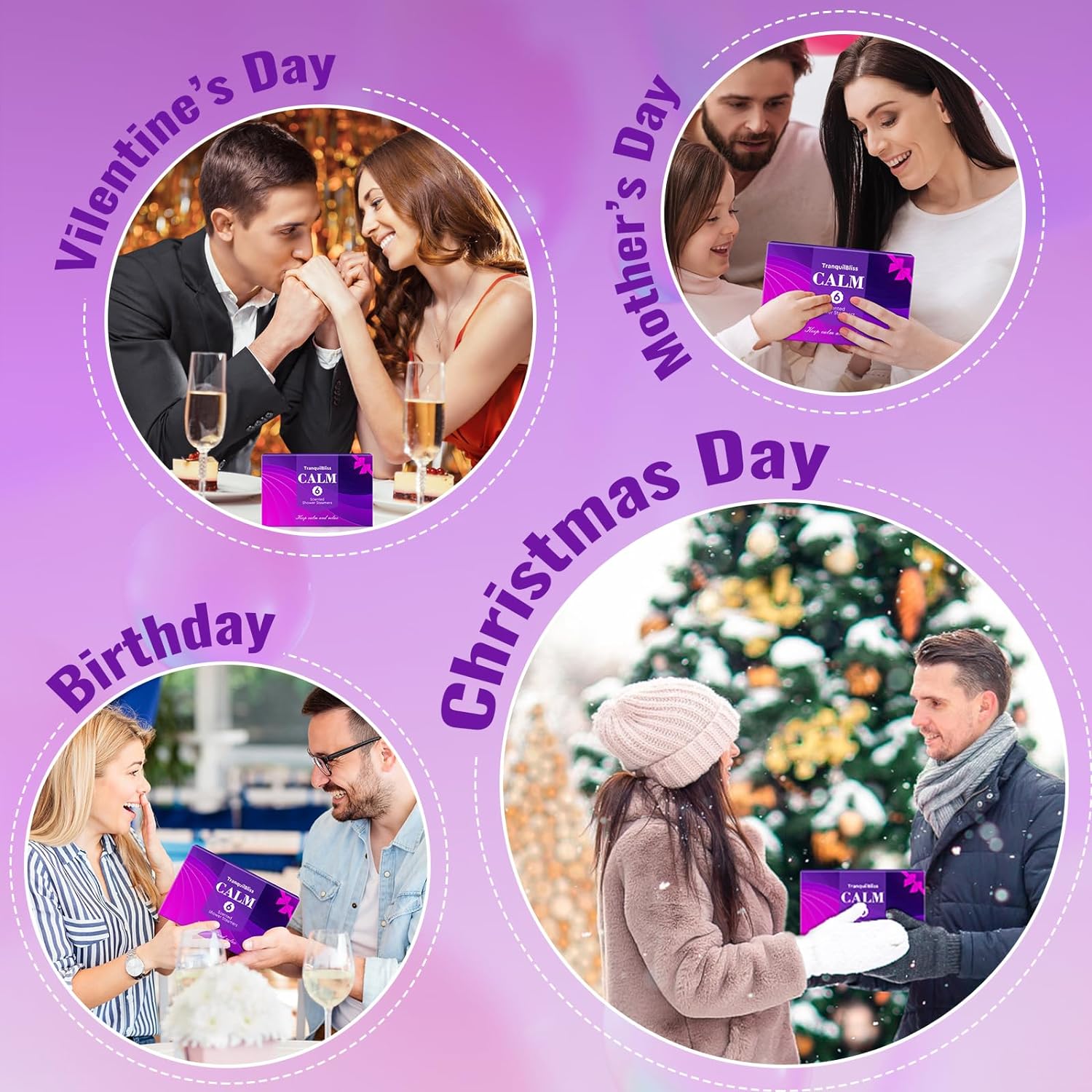 TranquilBliss Shower Steamers, Shower Bombs with Natural Fragrance, Self Care& Relaxation, Christmas Birthday Gifts for Women and Mom, Stocking Stuffers, Individually Packaged, Purple Set 6Pack