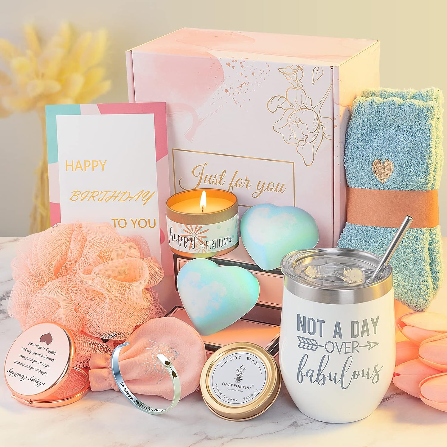 Birthday Gifts for Women, Unique Happy Birthday Relaxing Spa Bath Set Gift Baskets Ideas for Her, Mom, Sister, Friends, Best Pampering Care Gift Box Thank You Gifts for Women Who Have Everything