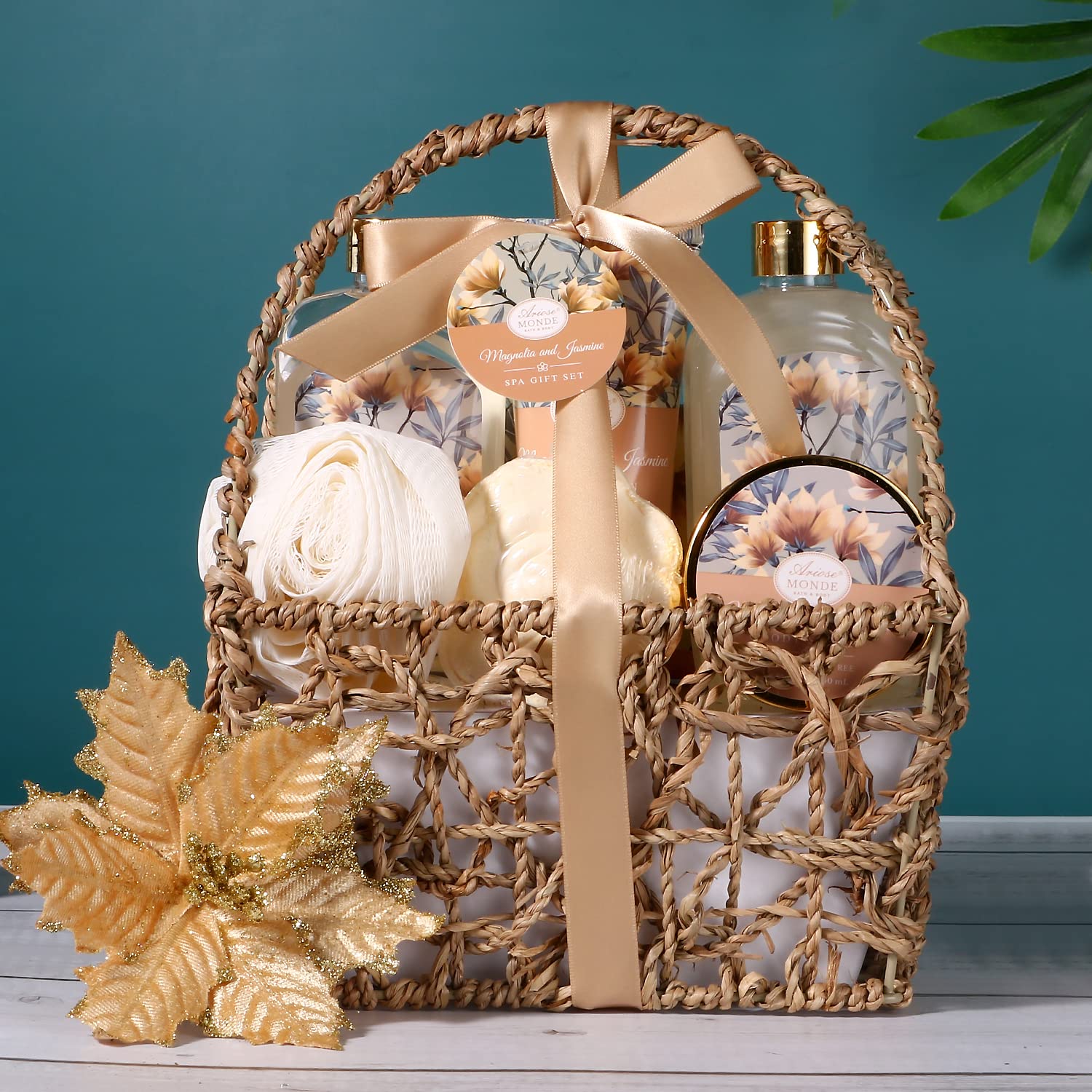 Home Spa Gift Basket, Bath Spa Kit for Women, with Body Lotion, Shower Gel, Bubble Bath, Body Scrub, Bath Salt, Bath Bomb, Bath Gift Set for Mother, Wife Her, with Magnolia and Jasmine Scent