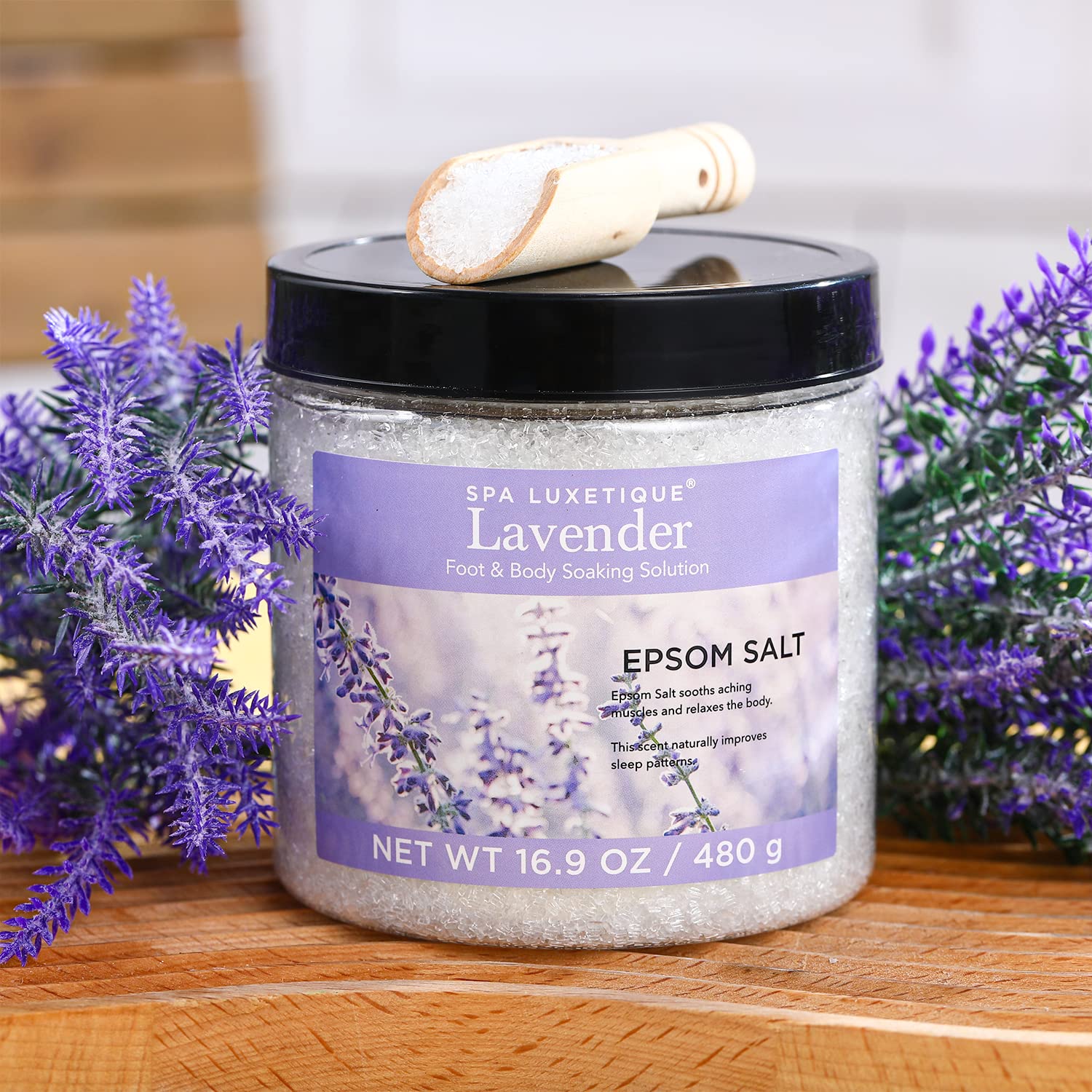 spa luxetique Bath Salts, 8pcs Bath Salts Gift Set with Argan Oil, Bath Bombs, Wooden Scoop, Epsom Salt for Soaking in Lavender, Rose, Chamomile Scent, Mother's Day Gifts