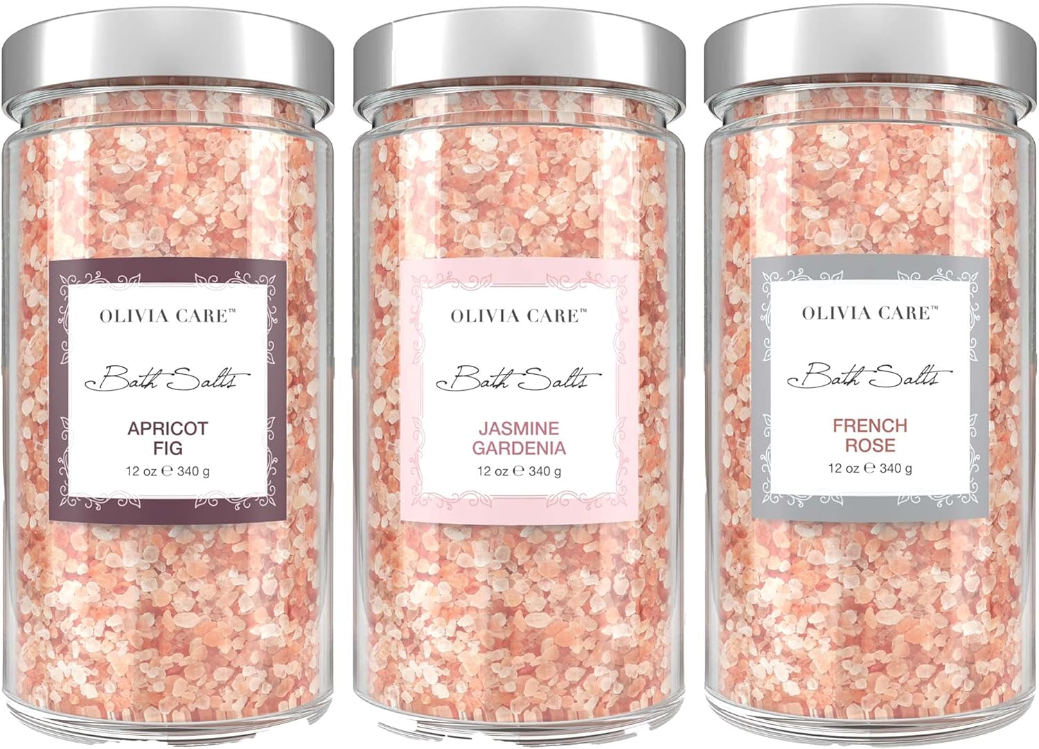 OLIVIA CARE 3 Pack Bath Salt Combo by Apricot Fig, French Rose & Jasmine Gardenia - Relieves & Relax Muscles. Exfoliate, Rejuvenate & Soothes Natural