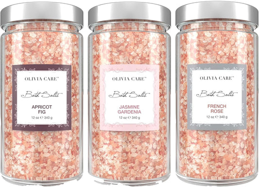OLIVIA CARE 3 Pack Bath Salt Combo by Apricot Fig, French Rose & Jasmine Gardenia - Relieves & Relax Muscles. Exfoliate, Rejuvenate & Soothes Natural