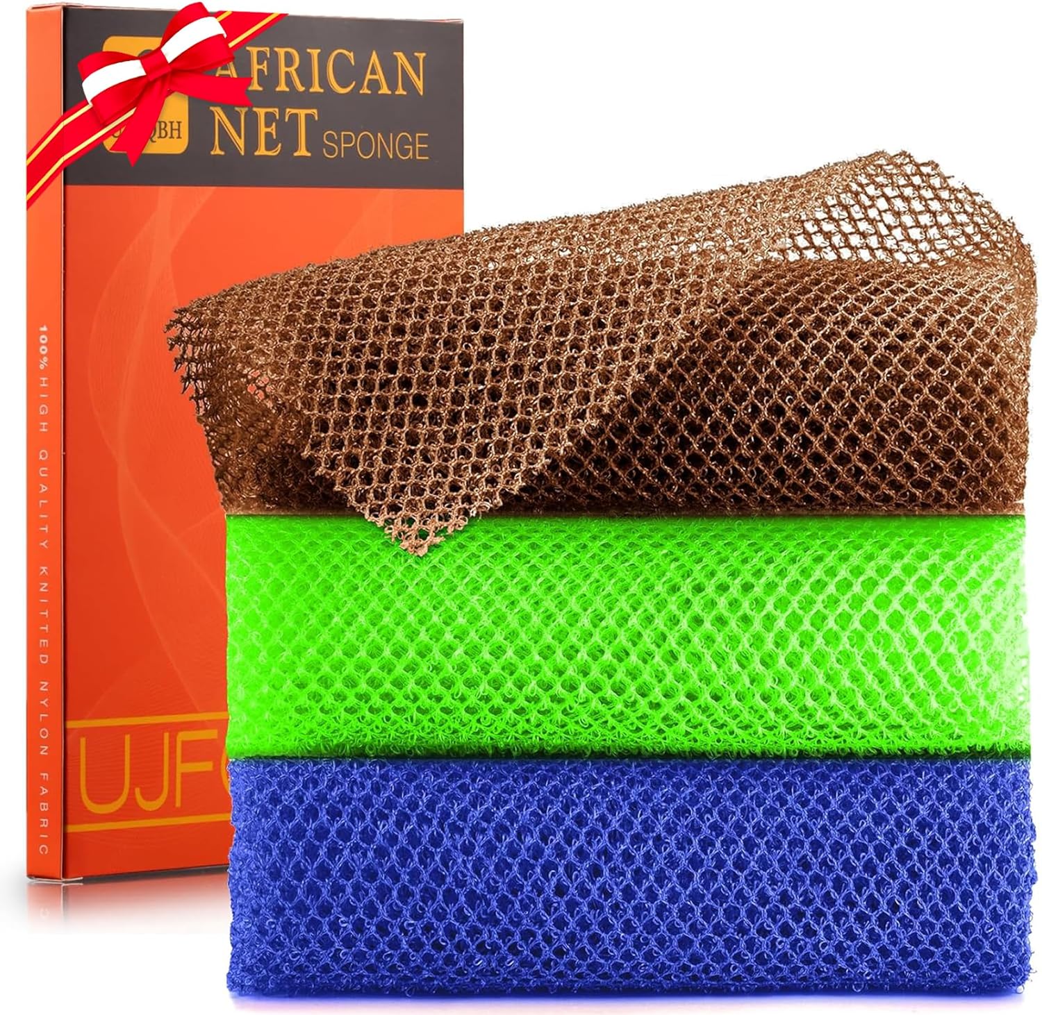 UJFQBH 3 Pieces African Bath Sponge African Net Long Net Bath Sponge Exfoliating Shower Body Scrubber Back Scrubber Skin Smoother,Great for Daily Use (Pink,Yellow,Purple)