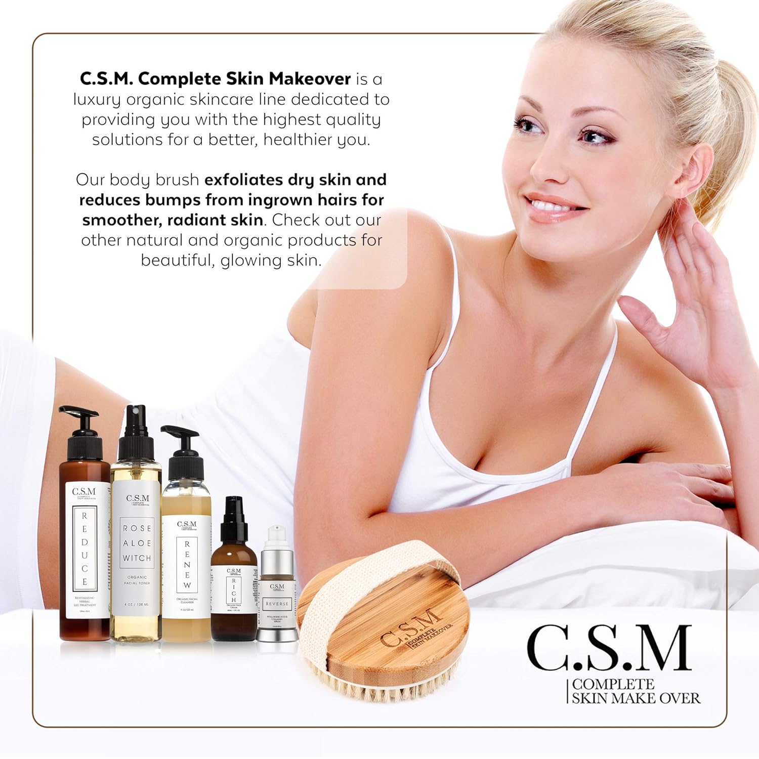 CSM Dry Body Brush for Beautiful Skin - Solid Wood Frame & Boar Hair Exfoliating Brush to Exfoliate & Soften Skin, Improve Circulation, Stop Ingrown Hairs, and Reduce The Appearance Cellulite