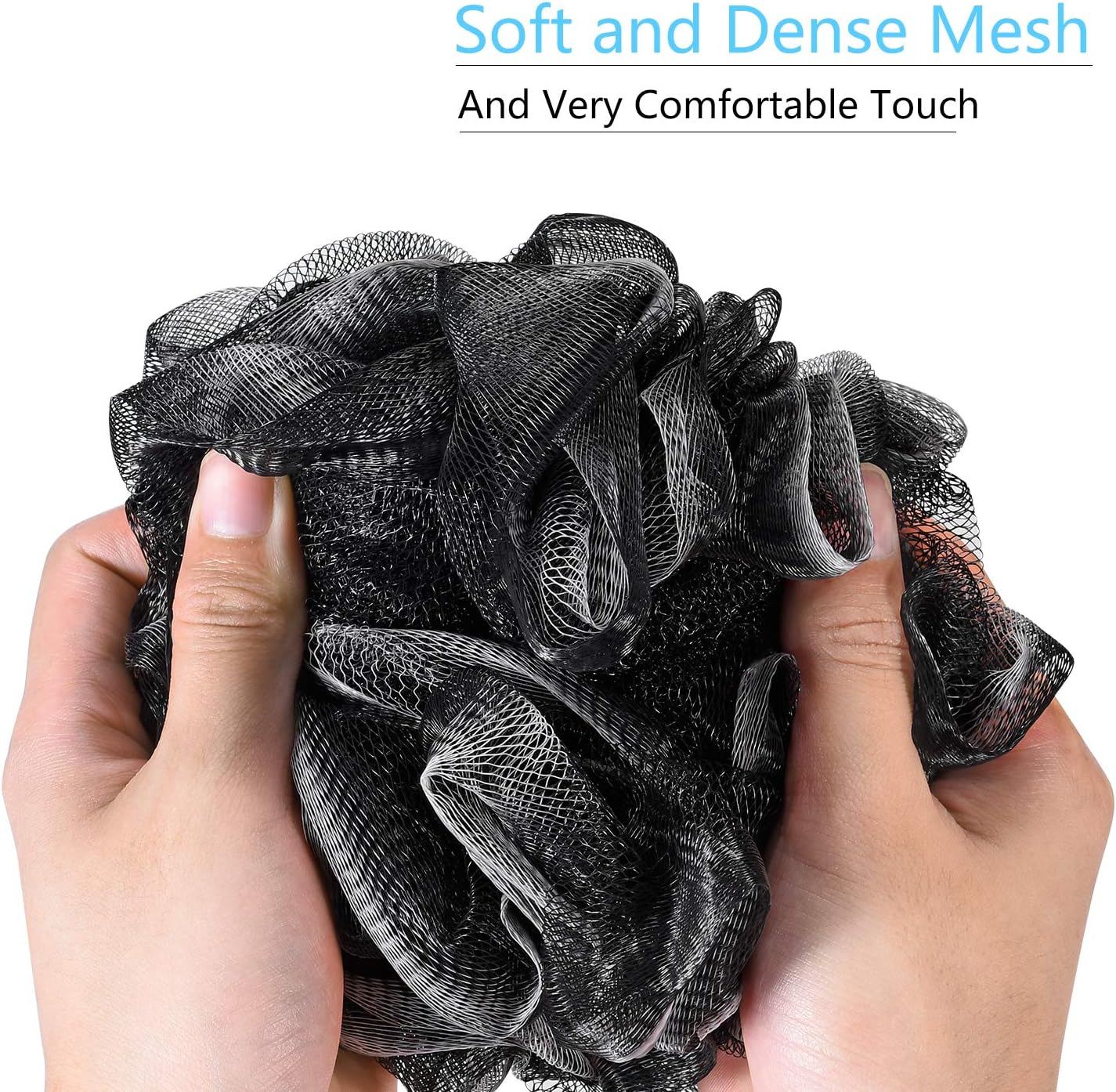 Yoget Charcoal Bath Loofah Sponge, 4 Pack Black 60G Large Shower Mesh Ball Soft Pouf Body Scrubber, Exfoliate, Cleanse, Soothe Skin, Black Loofah with White Trim