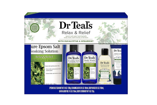 Dr Teal's Eucalyptus Bath Gift Set - Give the Gift of Relaxation - Contains Epsom Soak, Foaming Bath, Body Wash, Body Oil & Lotion - At Home Spa Kit With Essential Oils