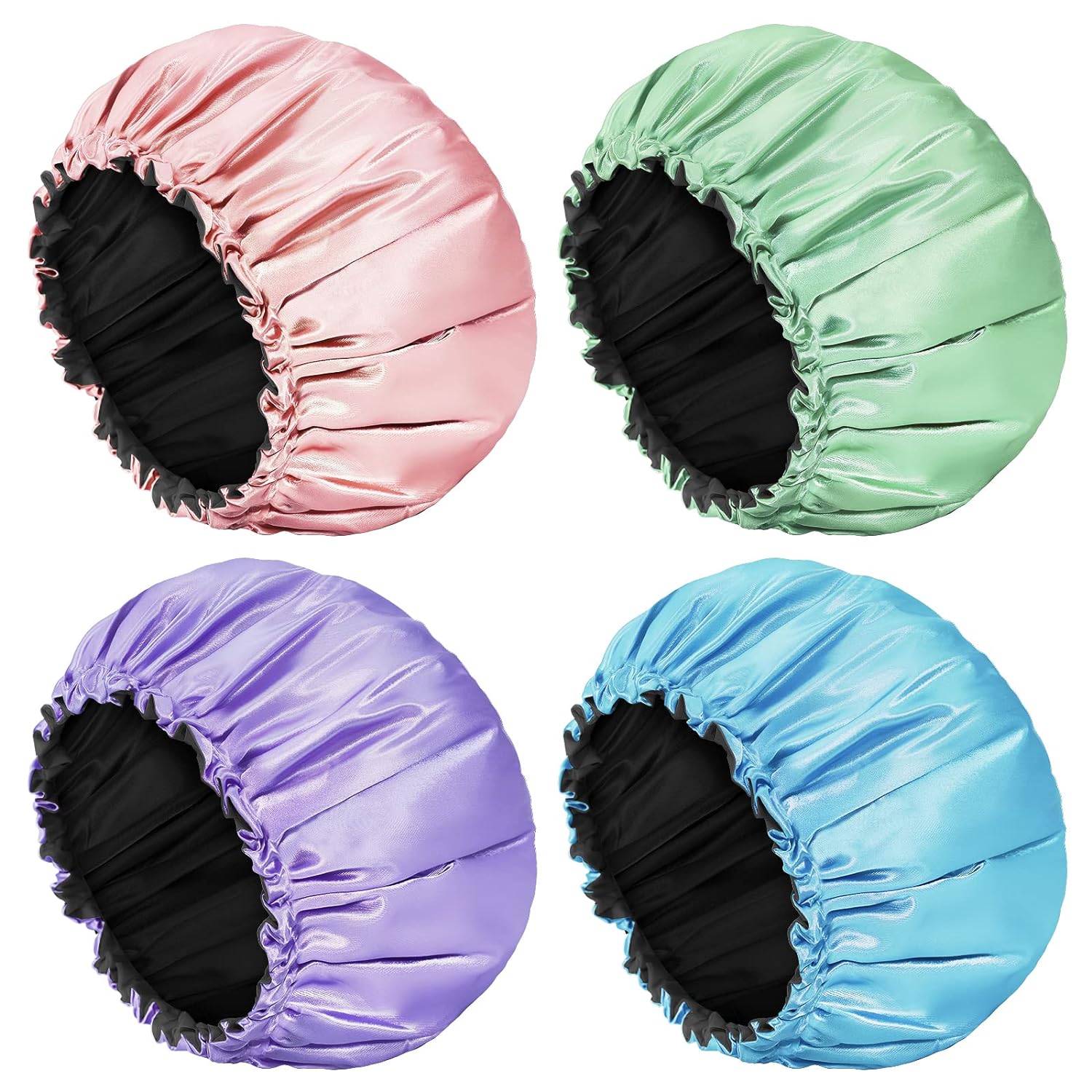 Aquior Shower Cap, 4-Pack Bathing Reusable Shower Caps for Long Hair Women, Double Layers Premium Sumptuous Silky Satin 100% Waterproof Shower Cap Extra Large