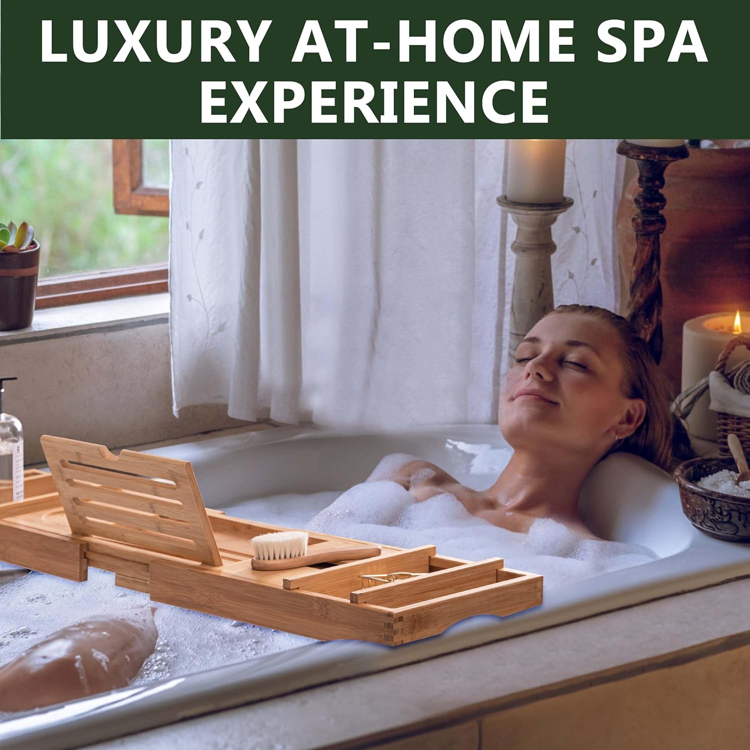 HBlife Bathtub Caddy Tray Foldable Bamboo Bath Table Tray with Book and Wine Glass Holder, Expandable Bathroom Accessories