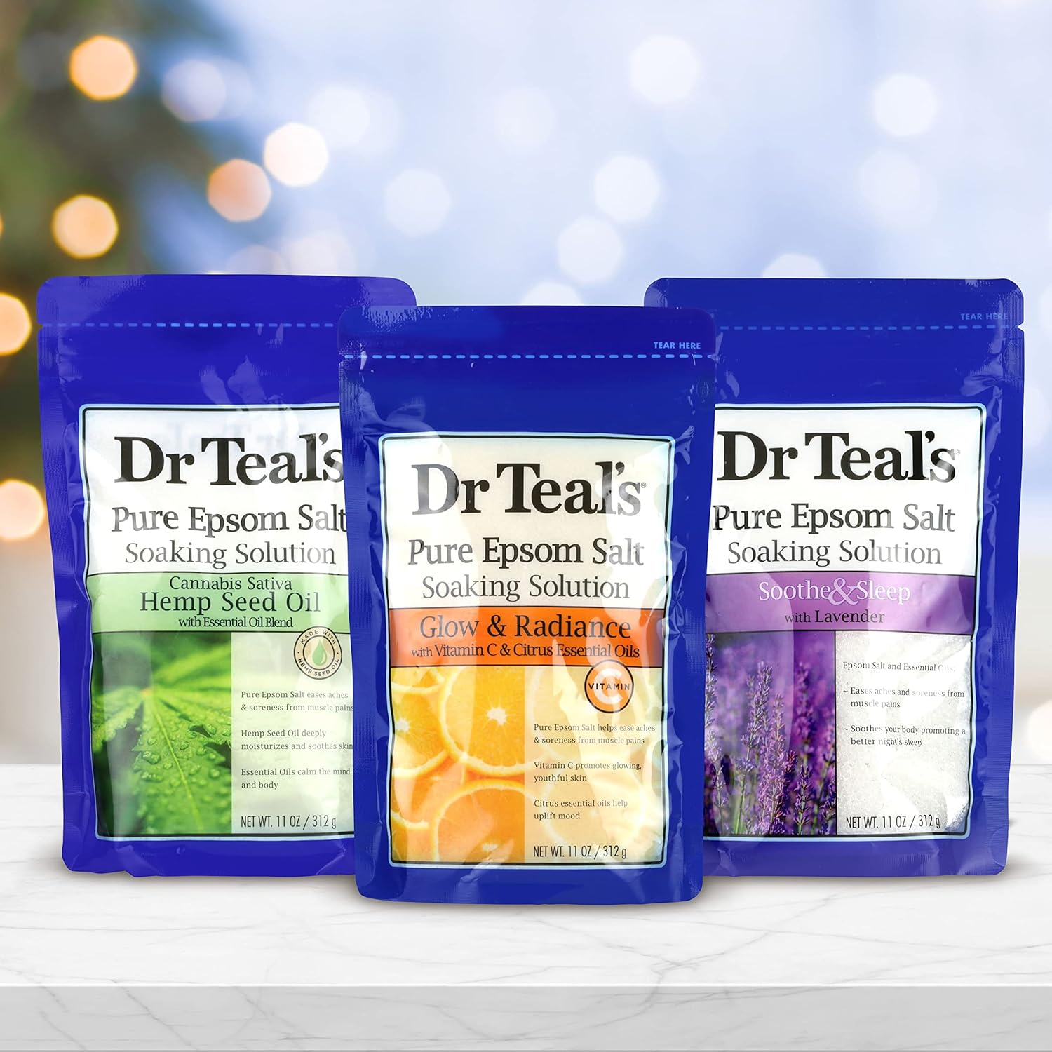 Dr Teal's Epsom Salt Trio Gift Set (3 14 oz Bags) - Soothe & Sleep, Glow Radiance, Moisturize Calm Treat Youe Skin, Senses, Stress at Home Spa Kit Achy Muscles 42 Ounce)