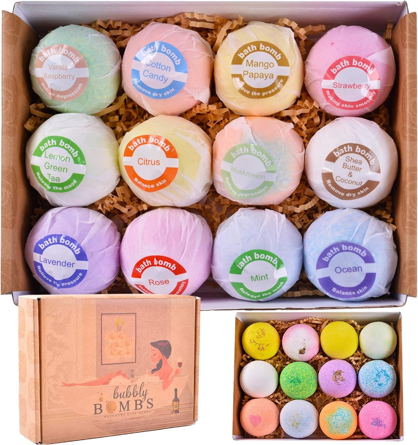 Bath Bombs Gift Set of 12, Natural Bath Bombs with Fizzes, Shea, Coco Butter, Scented Organic Bath Bomb, Gift Set for Women, Bath Bombs for Women