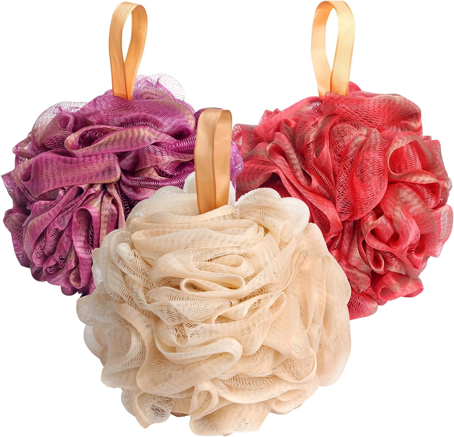 Fishent Bath Loofah Sponge, 3 Pack loofahs Exfoliating Body Scrubber, 60g Soft Mesh Pouf Shower Puffs, Loofa for Women (Pink-Peach-Coral)