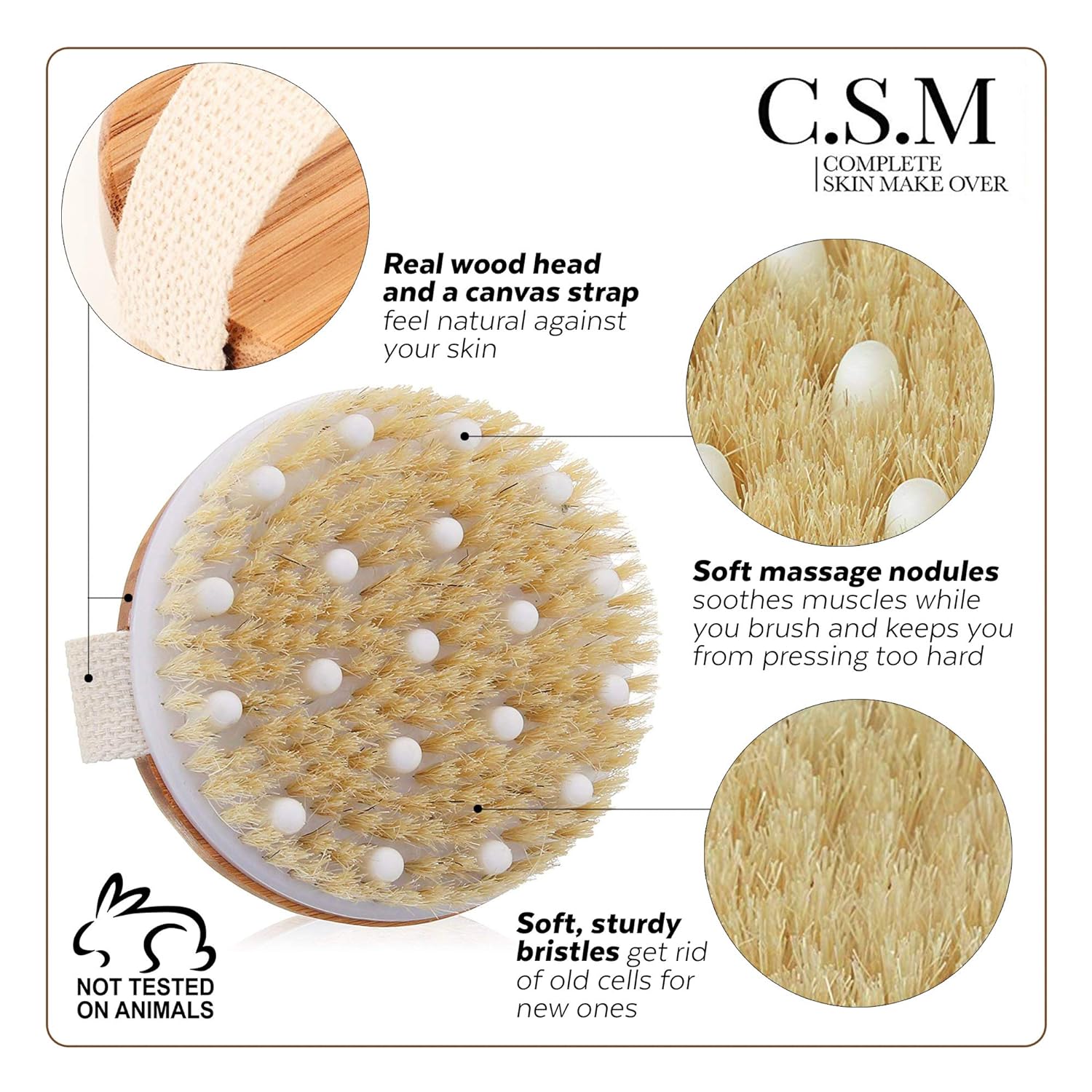 CSM Dry Body Brush for Beautiful Skin - Solid Wood Frame & Boar Hair Exfoliating Brush to Exfoliate & Soften Skin, Improve Circulation, Stop Ingrown Hairs, and Reduce The Appearance Cellulite