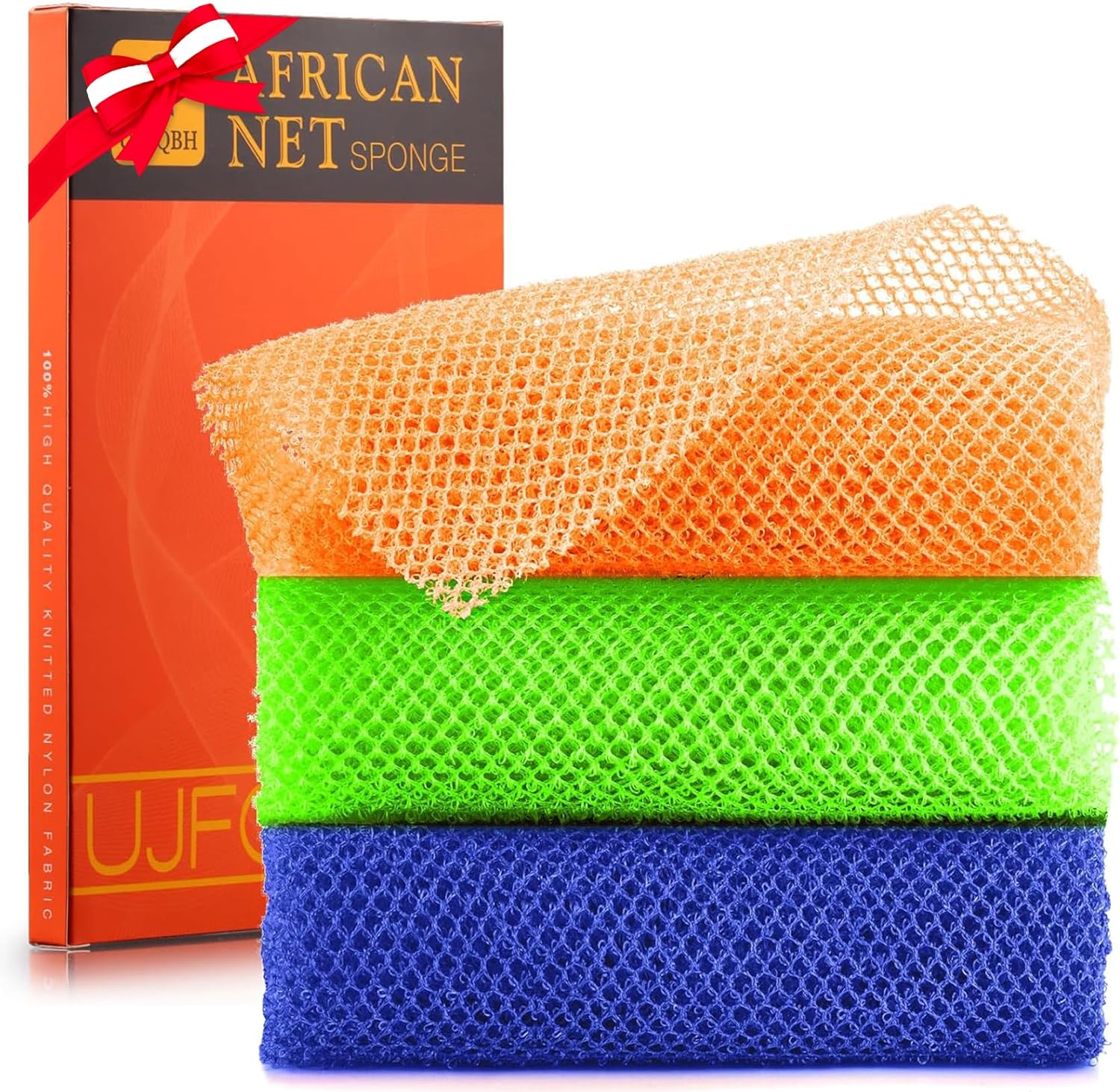 UJFQBH 3 Pieces African Bath Sponge African Net Long Net Bath Sponge Exfoliating Shower Body Scrubber Back Scrubber Skin Smoother,Great for Daily Use (Pink,Yellow,Purple)