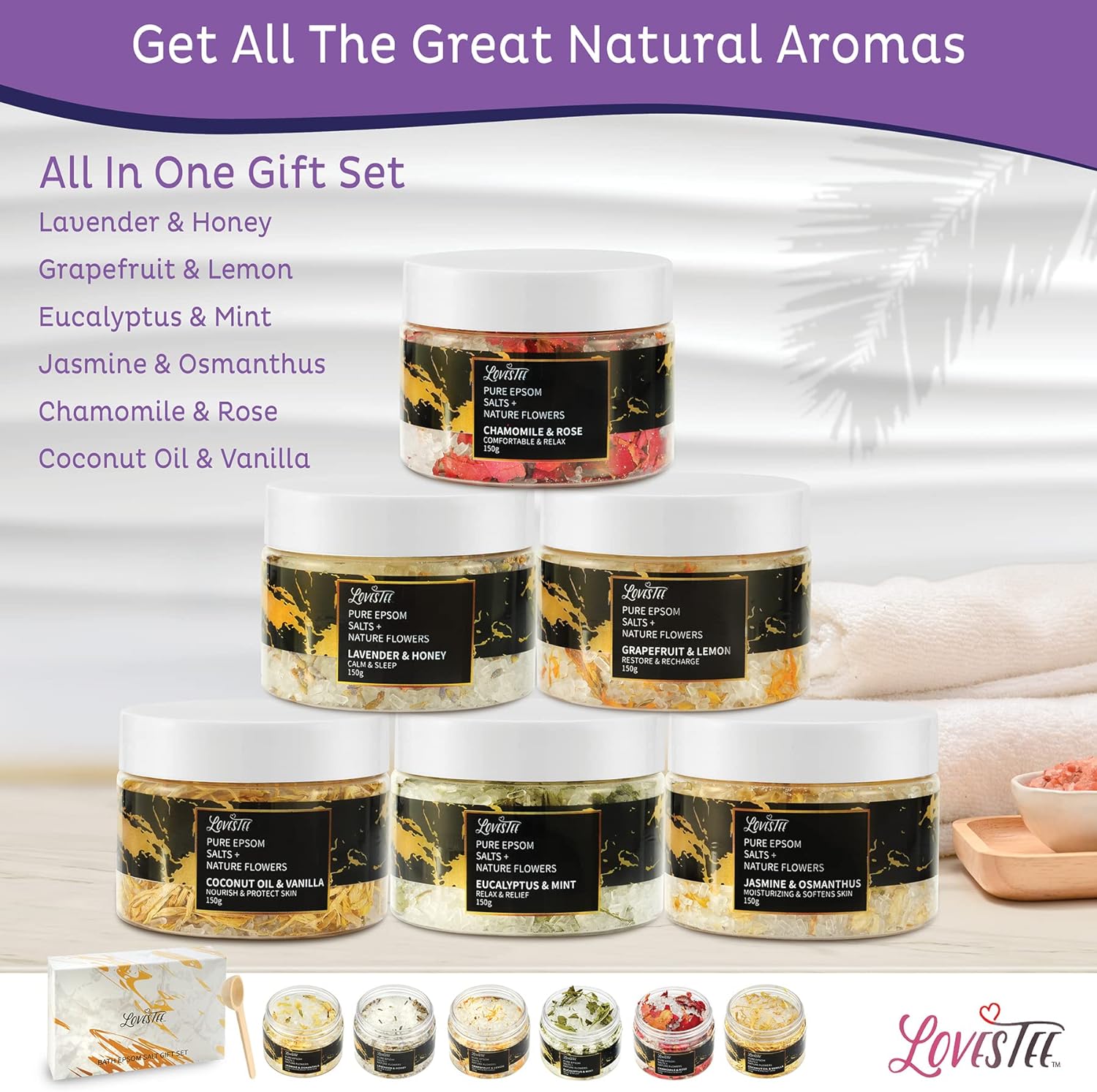 Lovestee Epsom Salt Spa Gift Set of 6 Bath Salts - Coconut Vanilla, Jasmine Osmanthus, Eucalyptus Mint, Lavender Honey, Chamomile Rose, Grapefruit Lemon for Soaking Bath Gift Set for Women