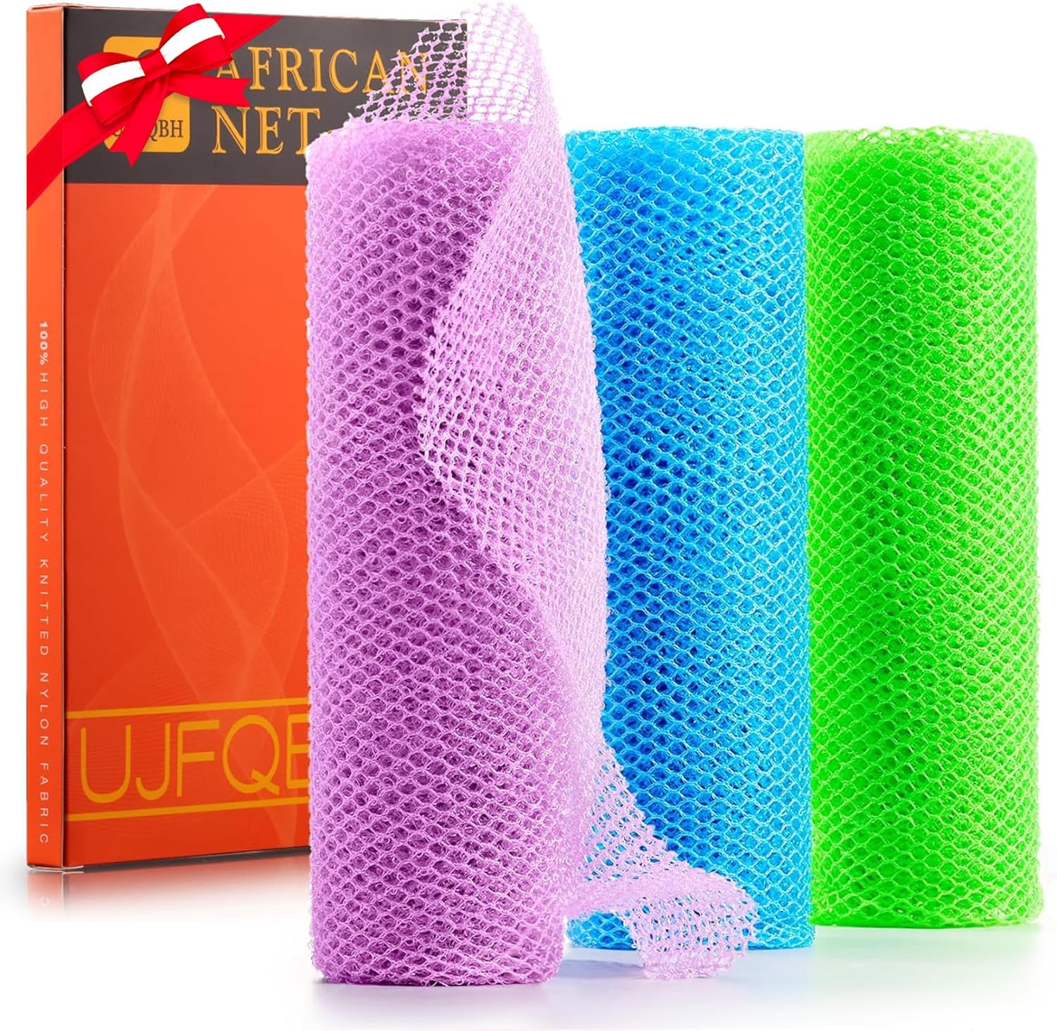 UJFQBH 3 Pieces African Bath Sponge African Net Long Net Bath Sponge Exfoliating Shower Body Scrubber Back Scrubber Skin Smoother,Great for Daily Use (Pink,Yellow,Purple)
