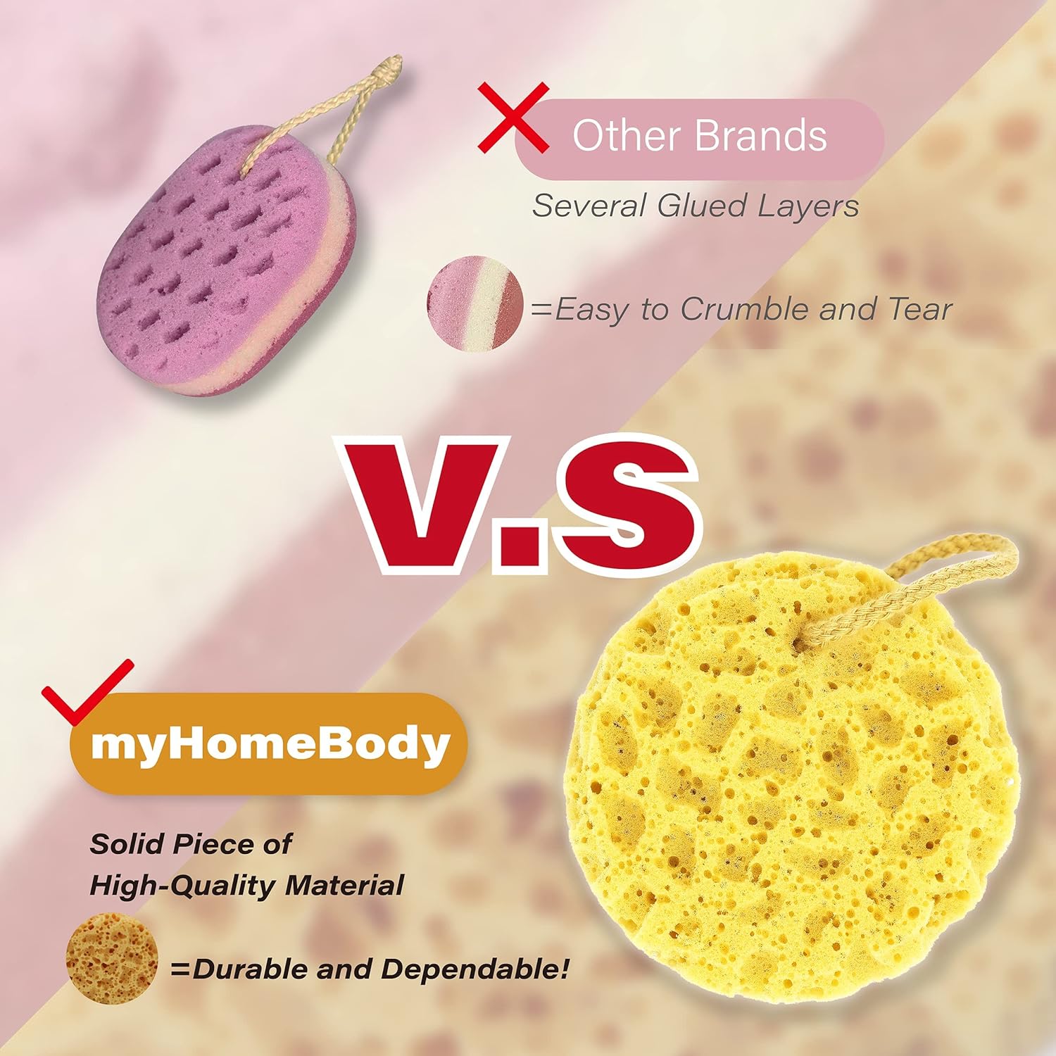 myHomeBody Premium Bath Sponge, Foam Loofah Sponge, Body Sponge for Shower - Large Size, Lots of Lather, Curvy, 3 Pack