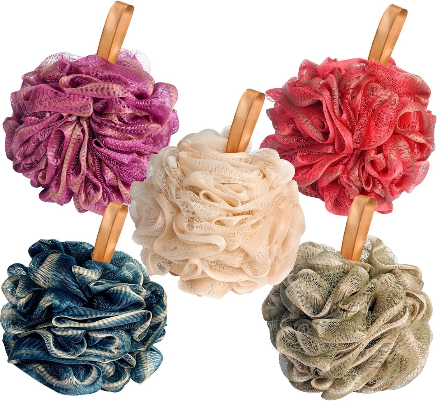 Fishent Bath Loofah Sponge, 3 Pack loofahs Exfoliating Body Scrubber, 60g Soft Mesh Pouf Shower Puffs, Loofa for Women (Pink-Peach-Coral)